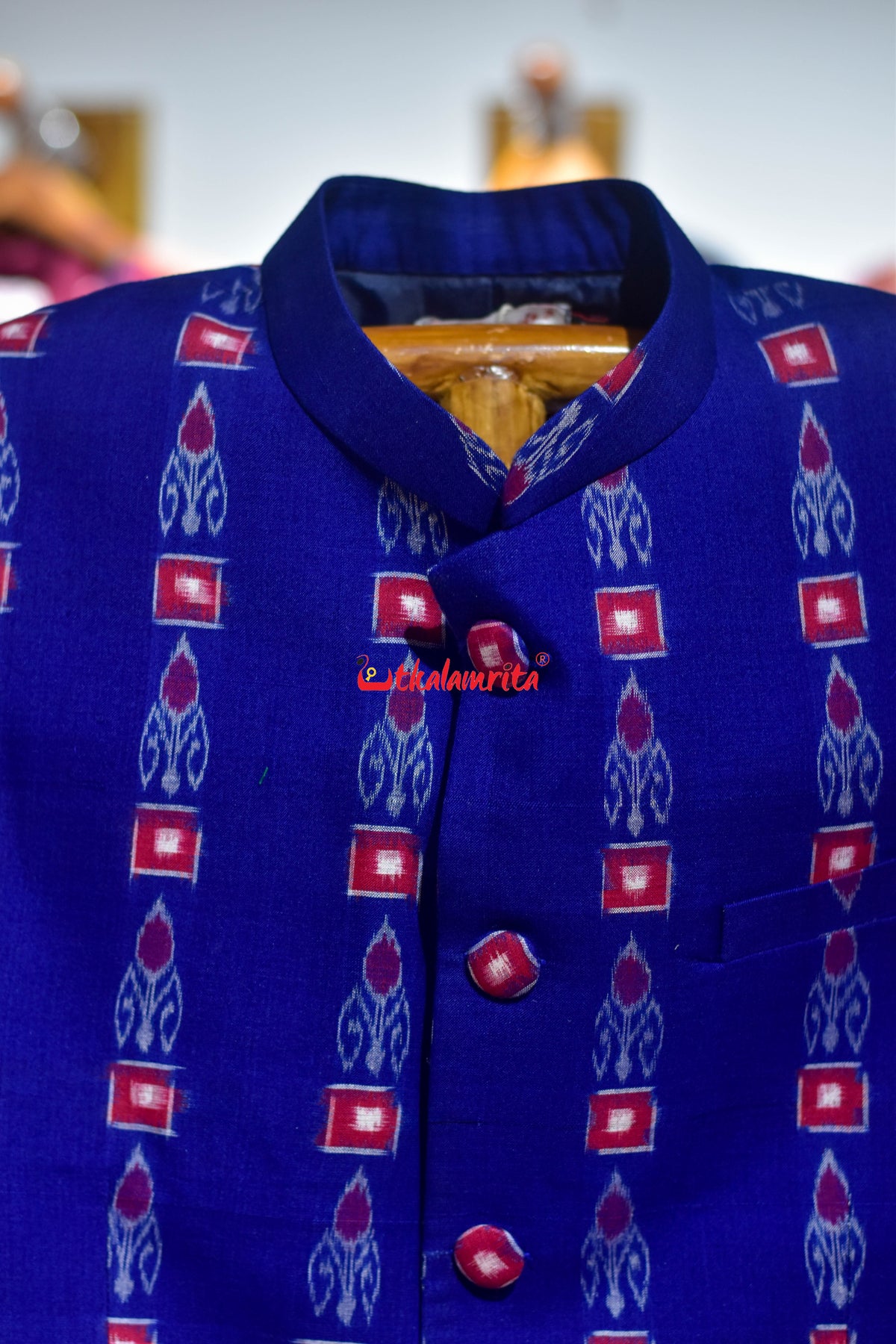 Blue Red Single Kadha Pasapali Sambalpuri (Men's Jodhpuri Coat)