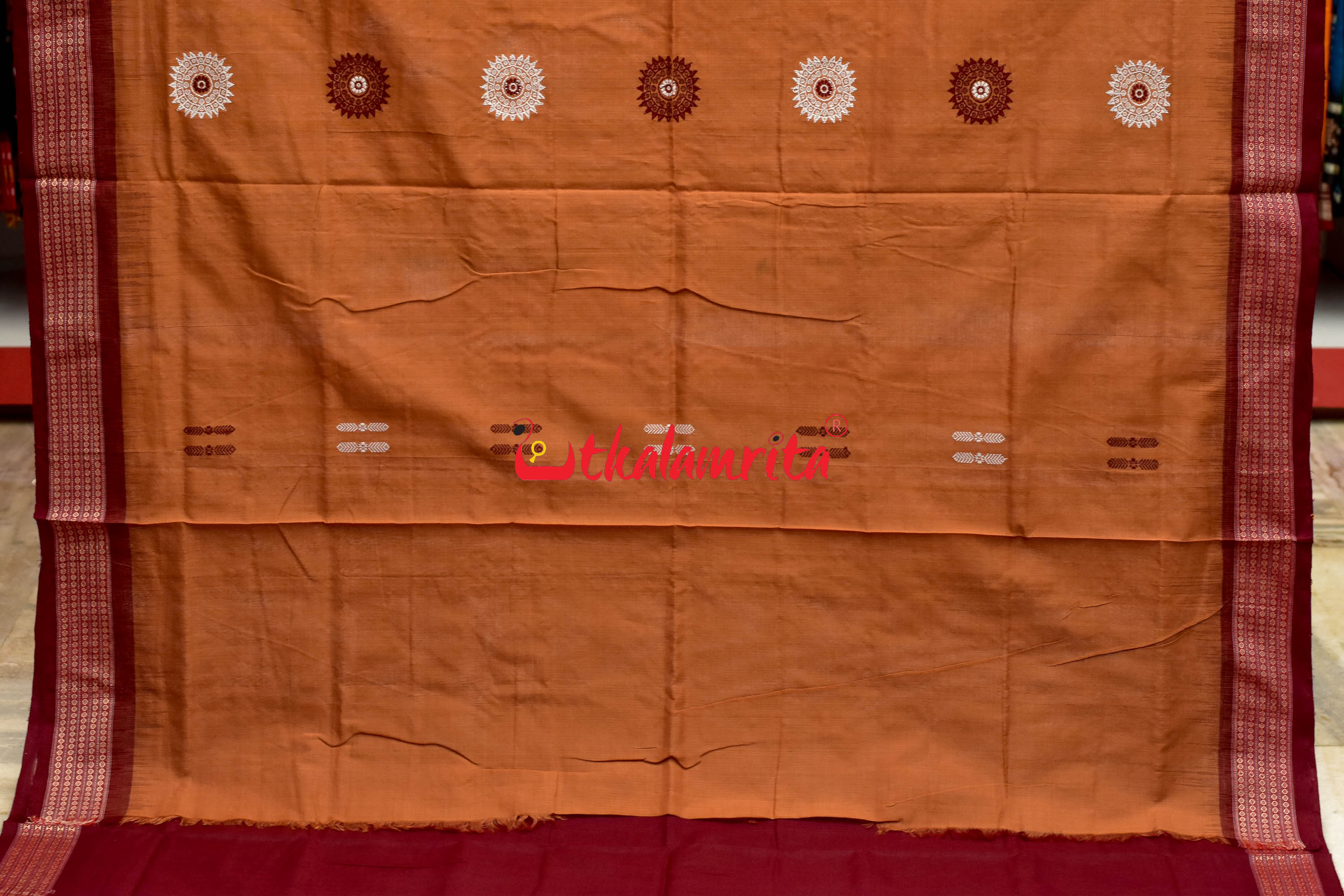 Biscuit Maroon Padam Bomkai Cotton Saree