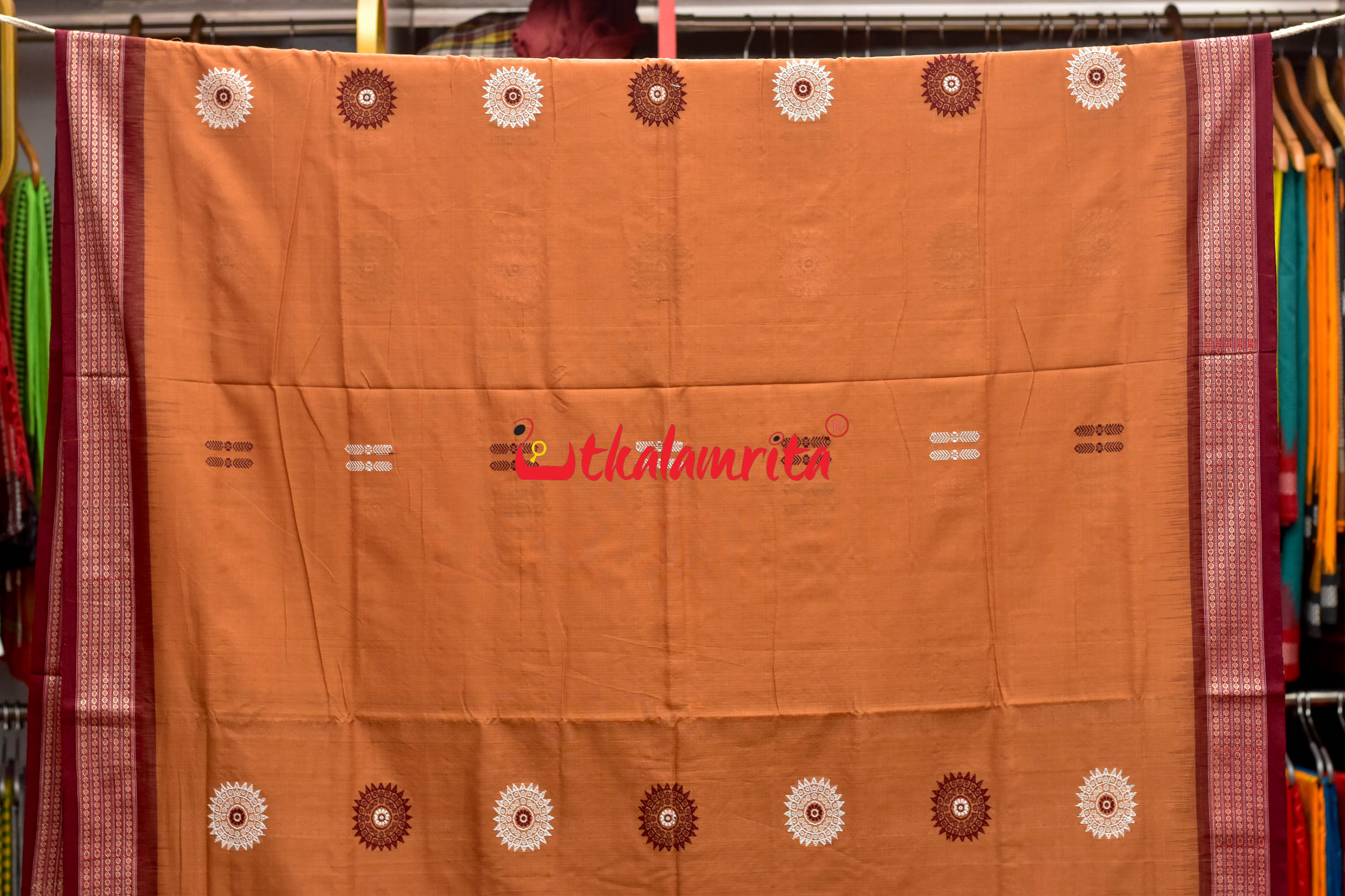 Biscuit Maroon Padam Bomkai Cotton Saree
