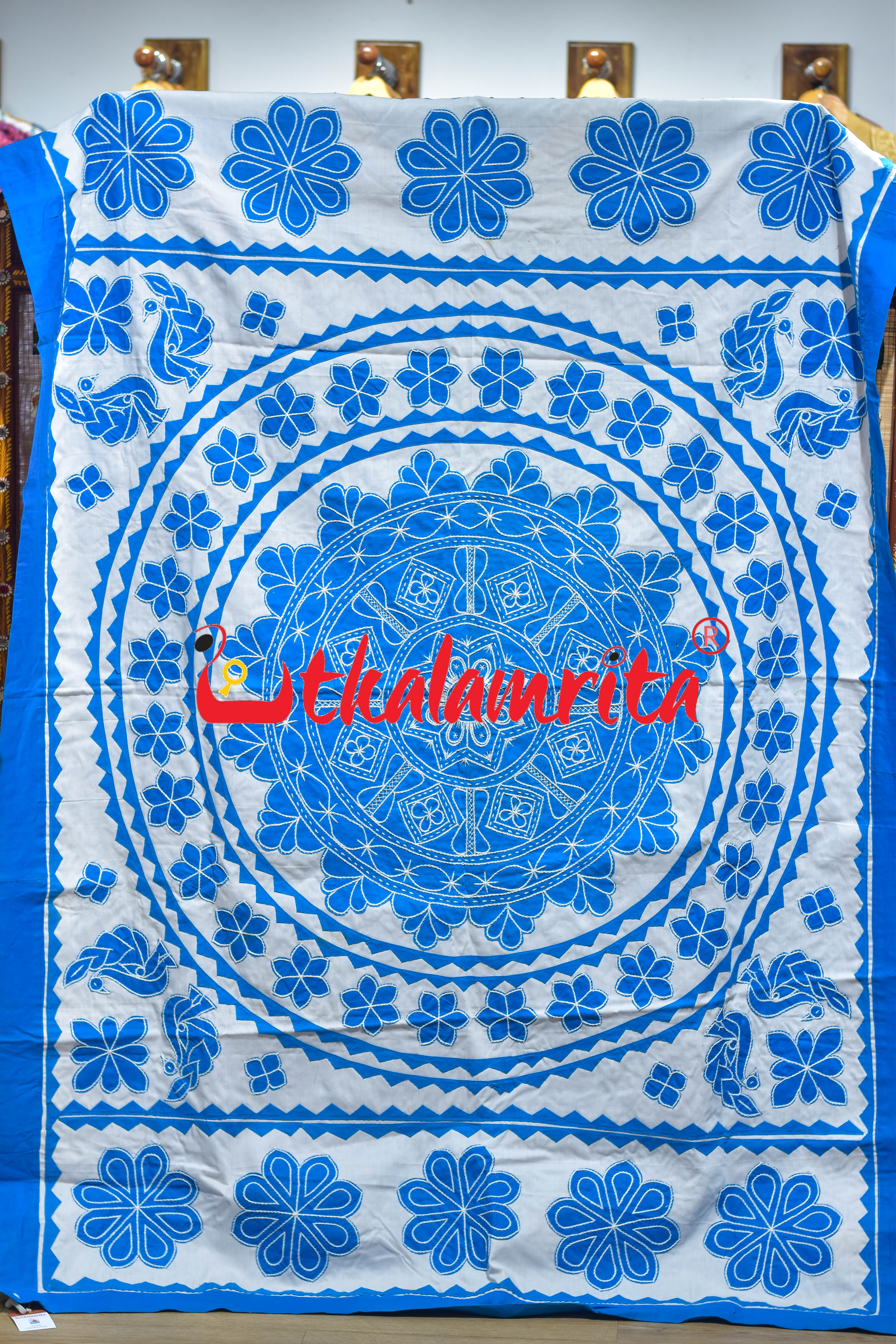White Blue Flower Applique Bed Cover