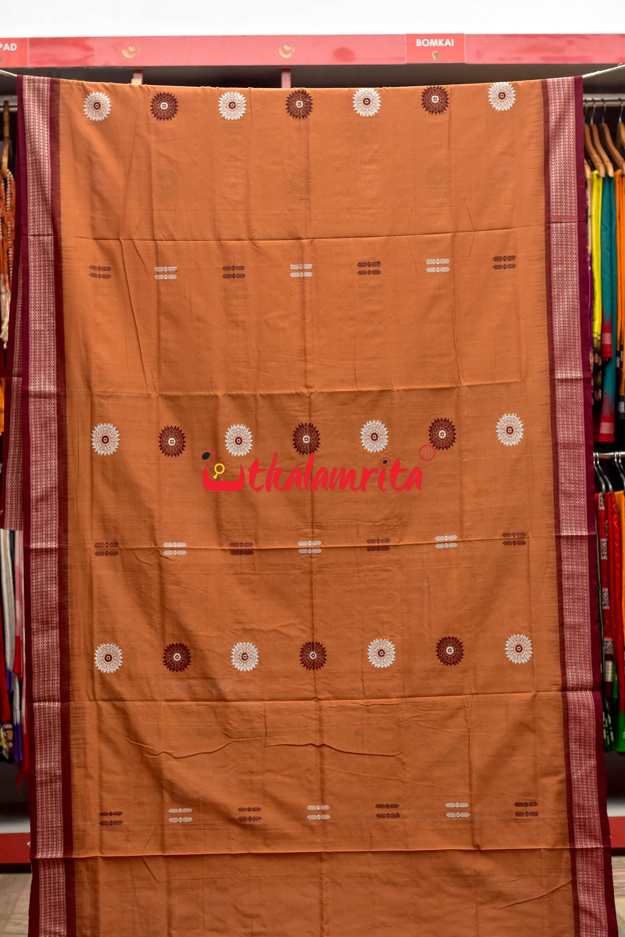 Biscuit Maroon Padam Bomkai Cotton Saree
