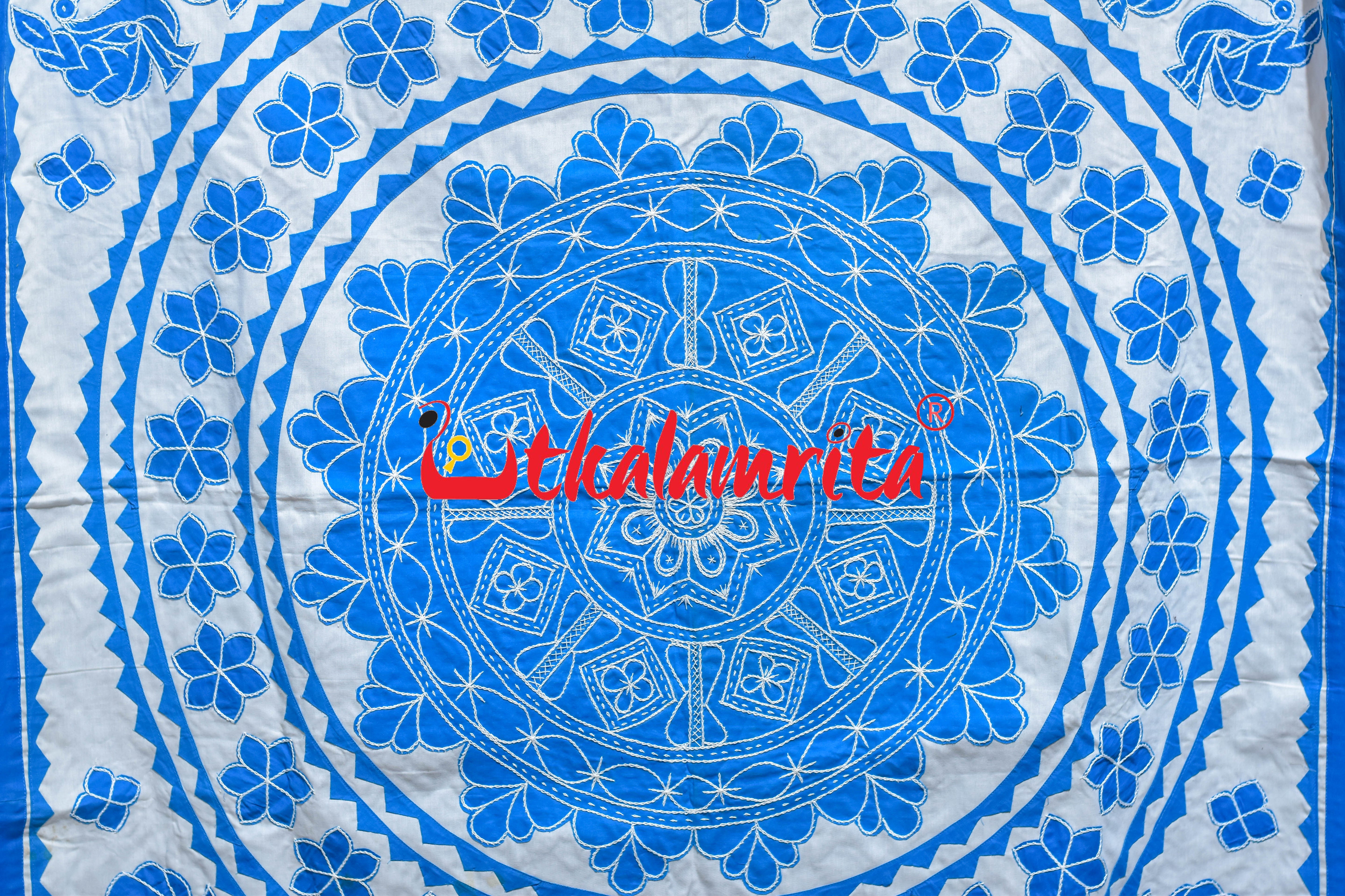 White Blue Flower Applique Bed Cover