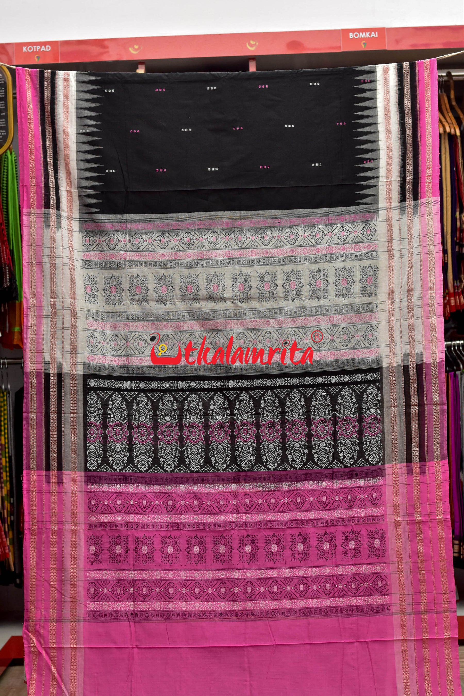 3 Dhadi Black Pink Bomkai Cotton Saree