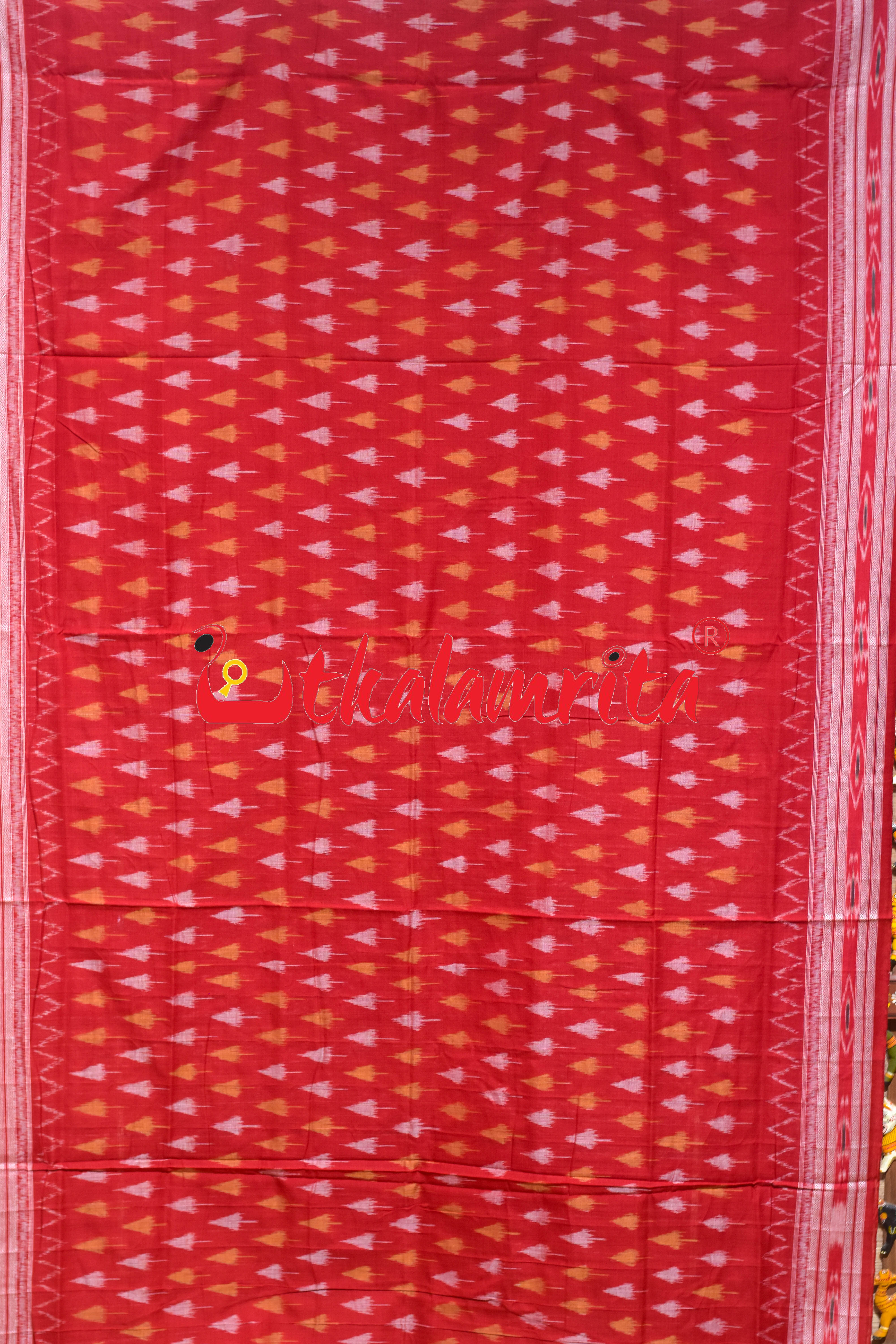 Self Red Chhatu Design Khandua Cotton Saree