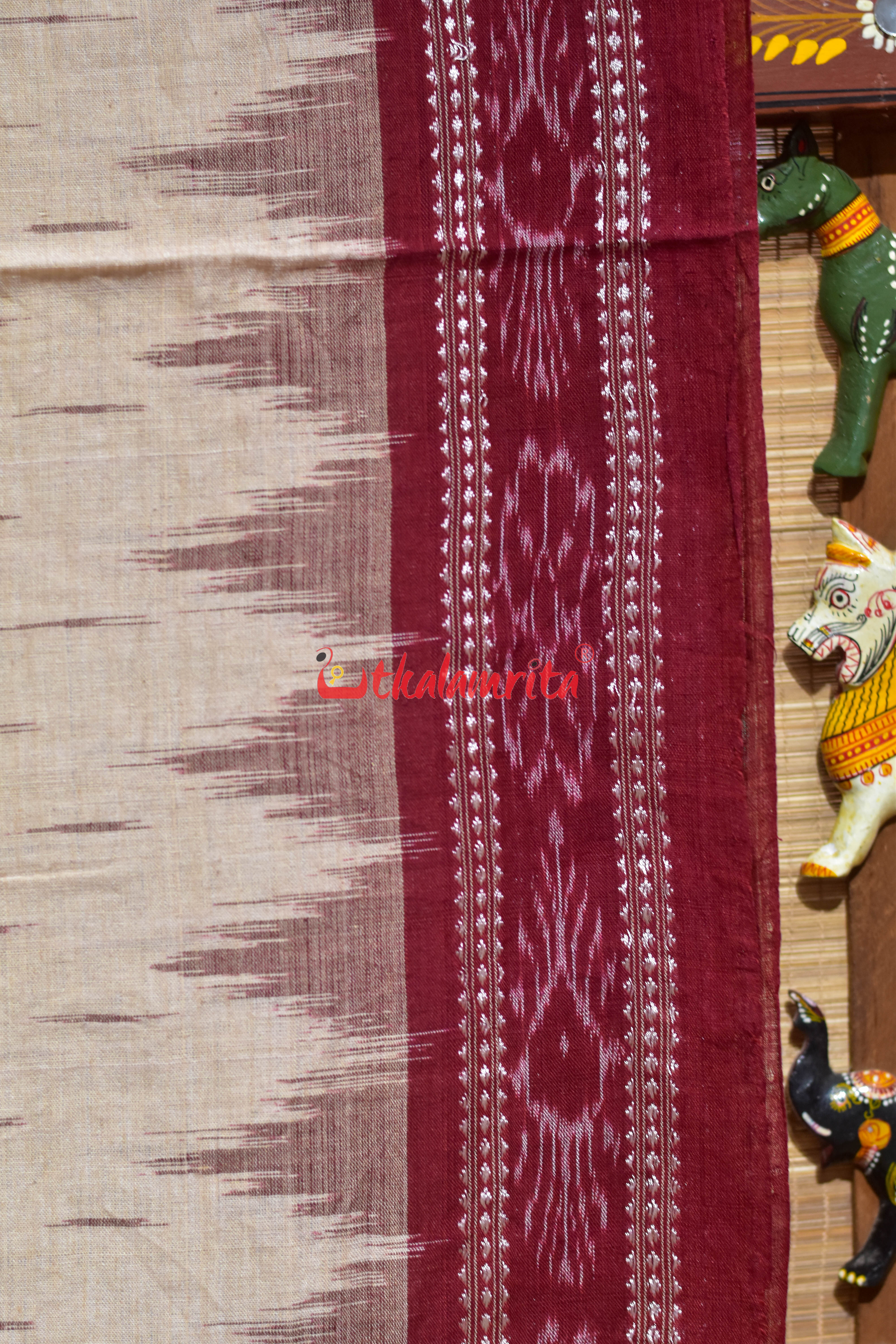 Off White Maroon Daali Scot Khandua Cotton Saree