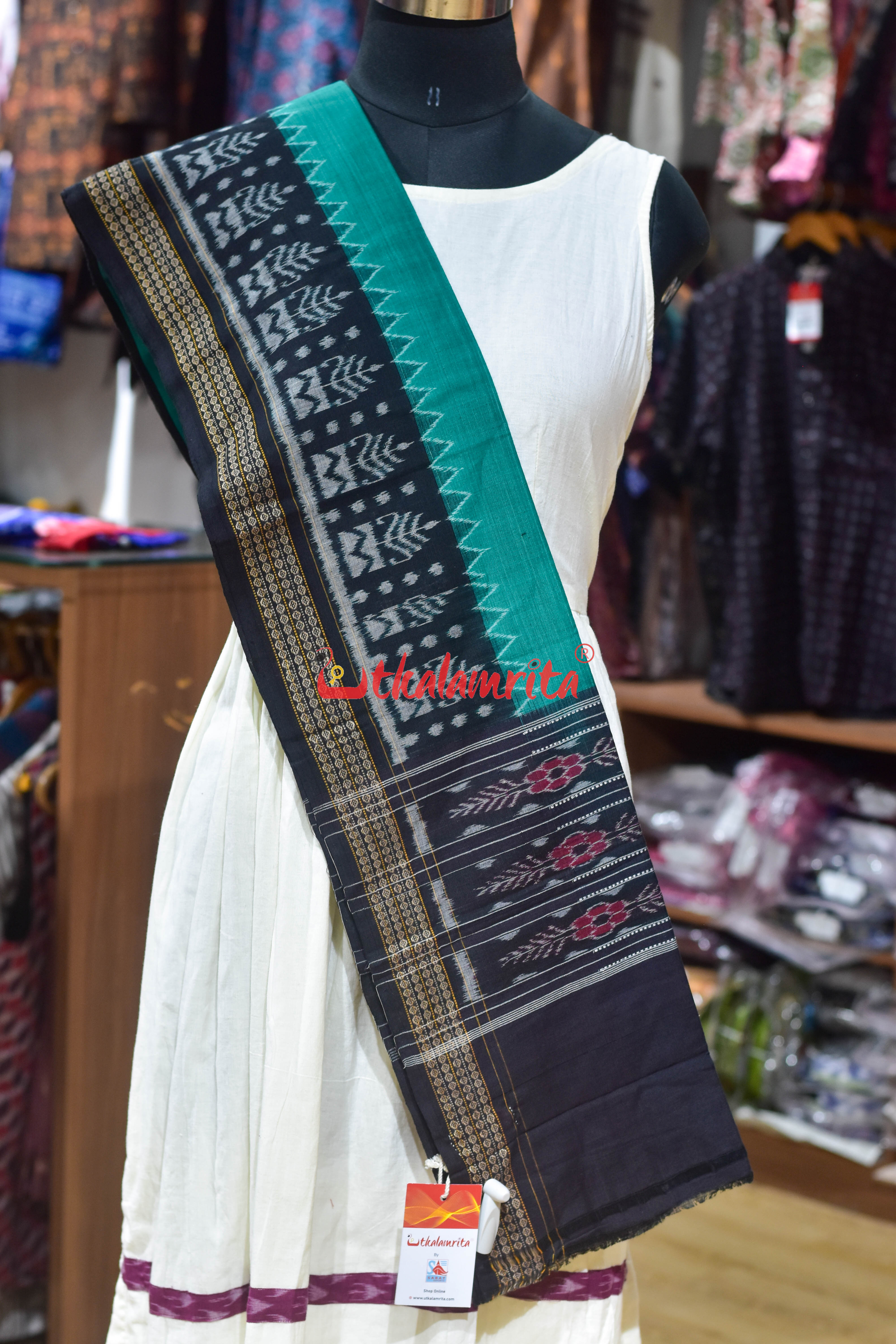 Sea Green Black Tree Border Cotton (Dupatta)