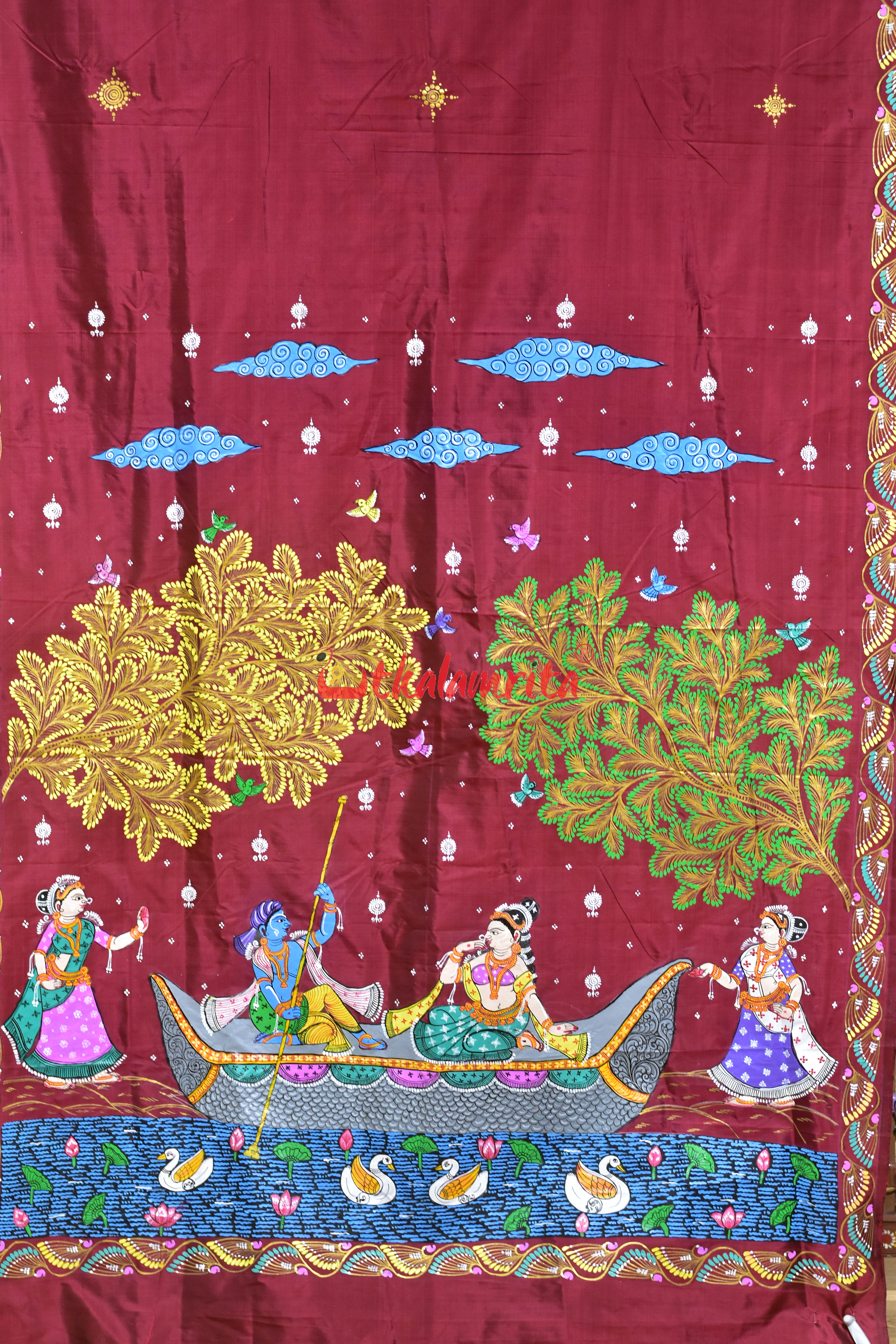 Maroon Nauka Paar Pattachitra Silk Saree