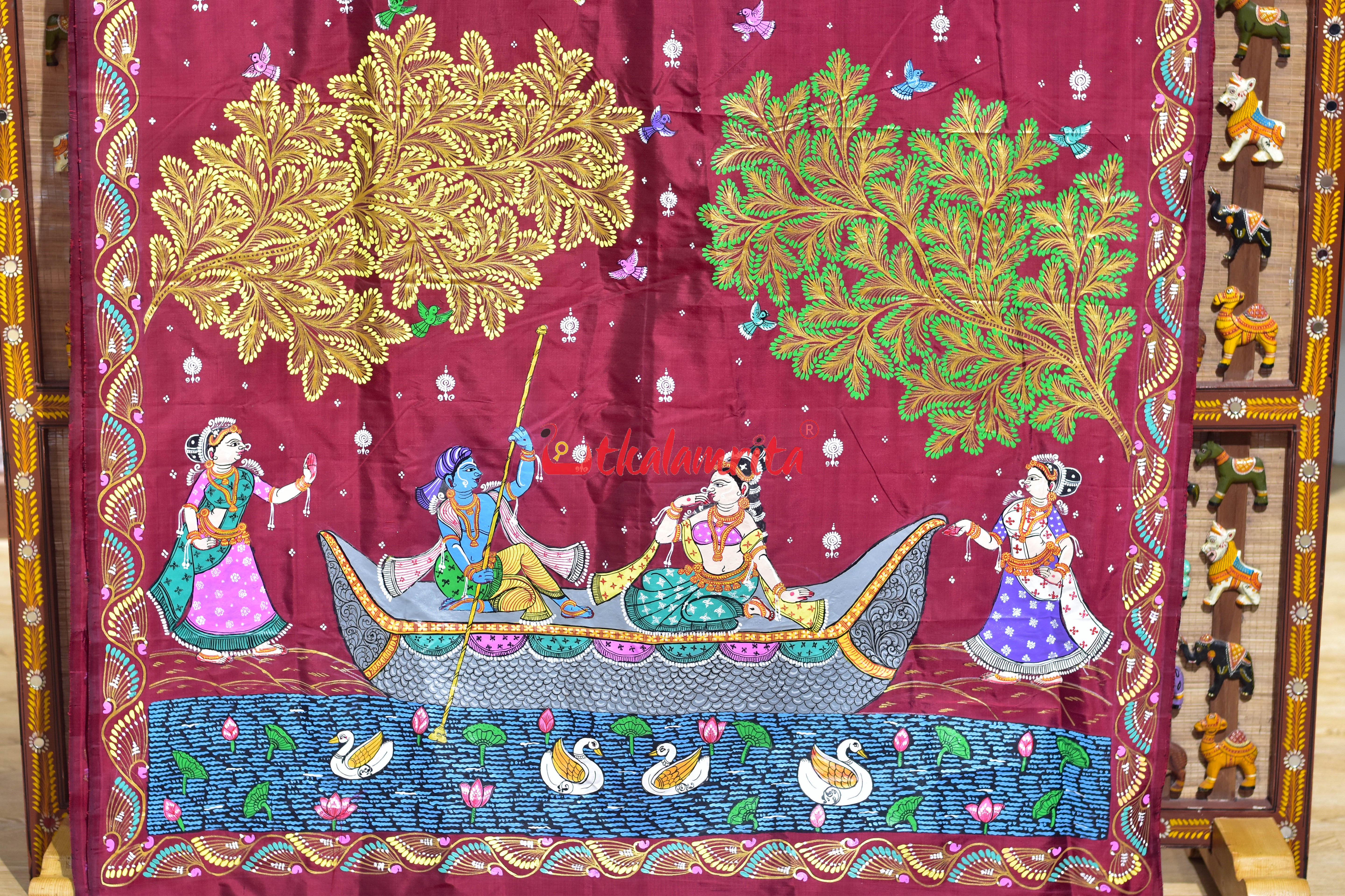 Maroon Nauka Paar Pattachitra Silk Saree