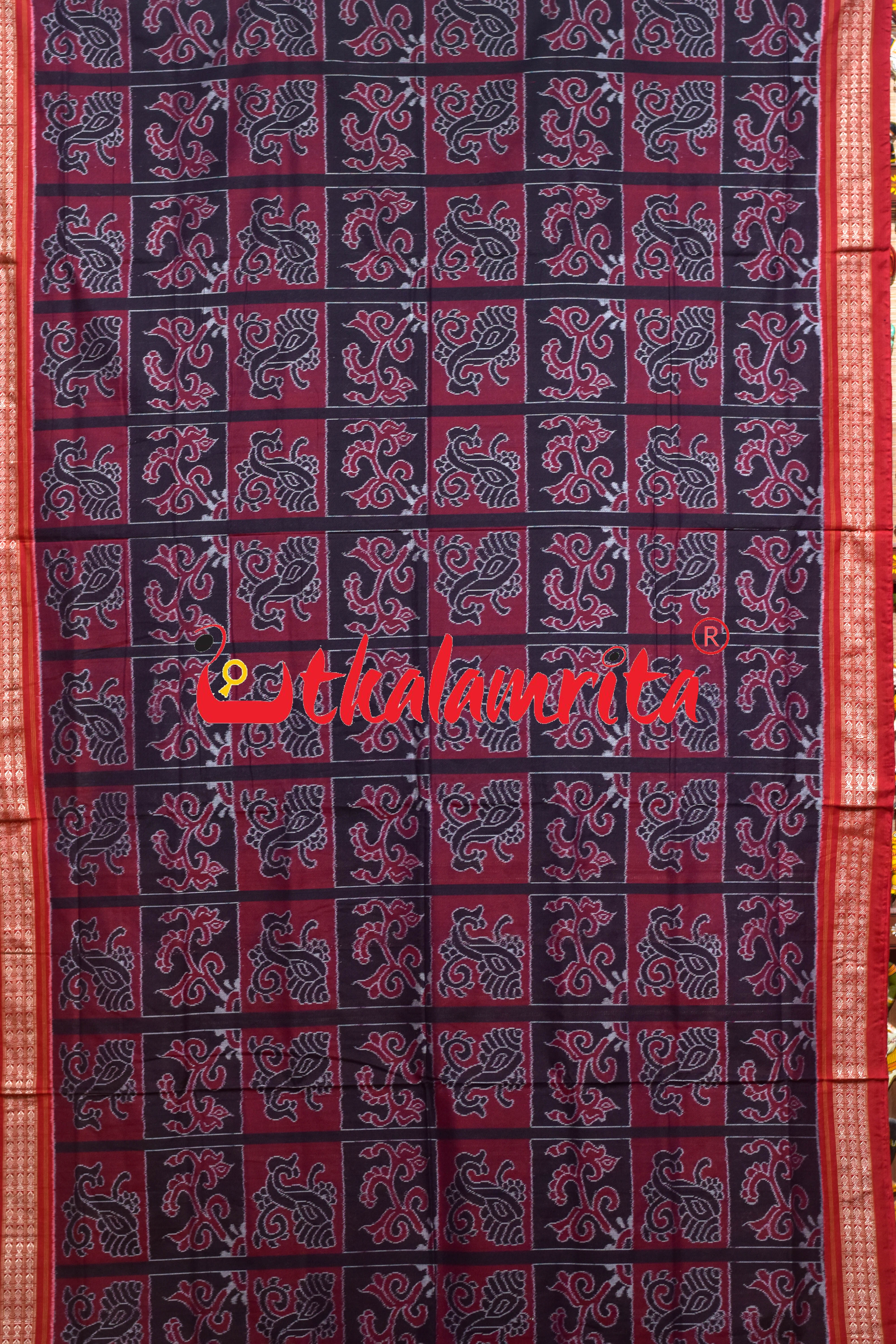 Black Maroon Kothi Laata Sambalpuri Cotton Saree