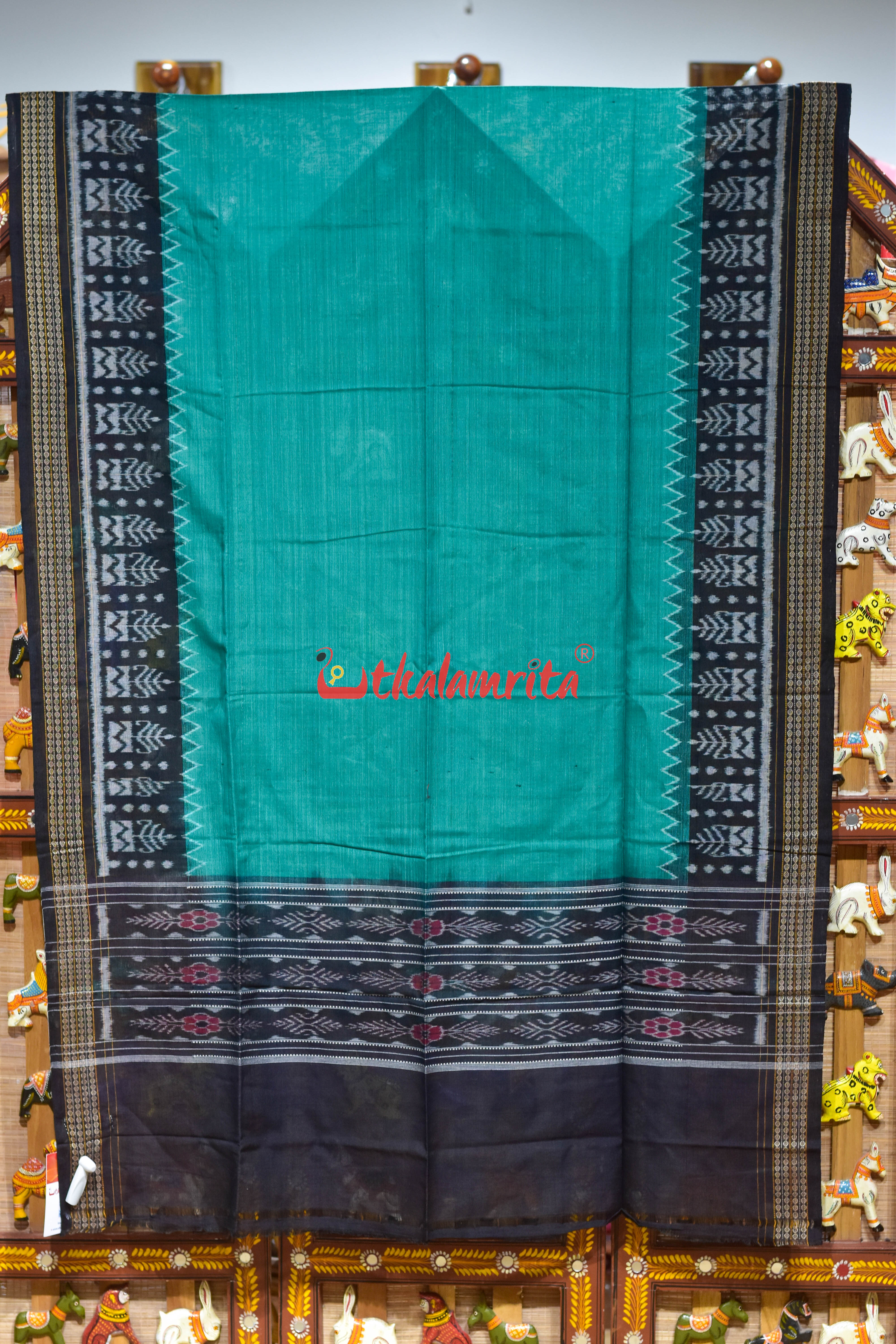Sea Green Black Tree Border Cotton (Dupatta)