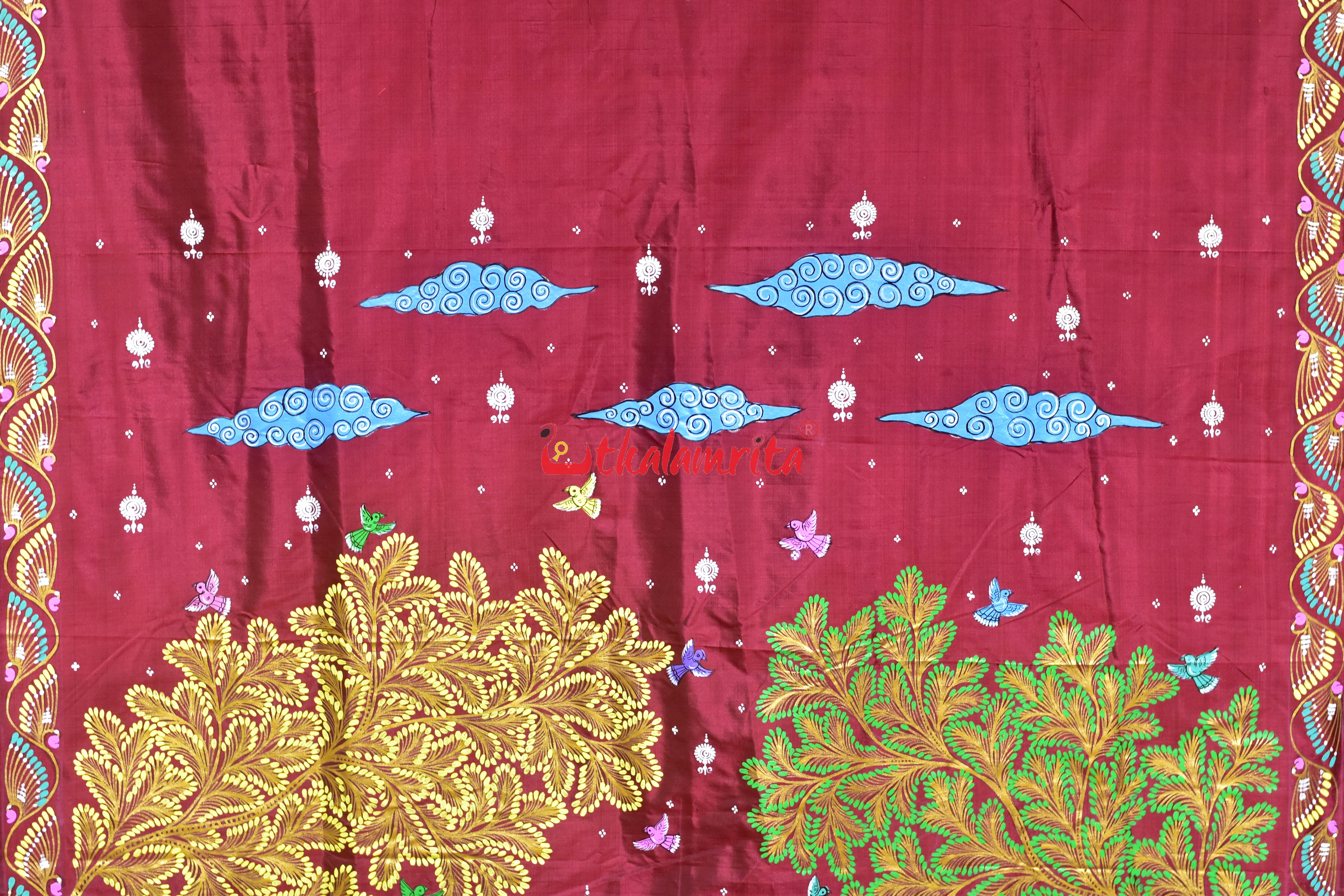 Maroon Nauka Paar Pattachitra Silk Saree