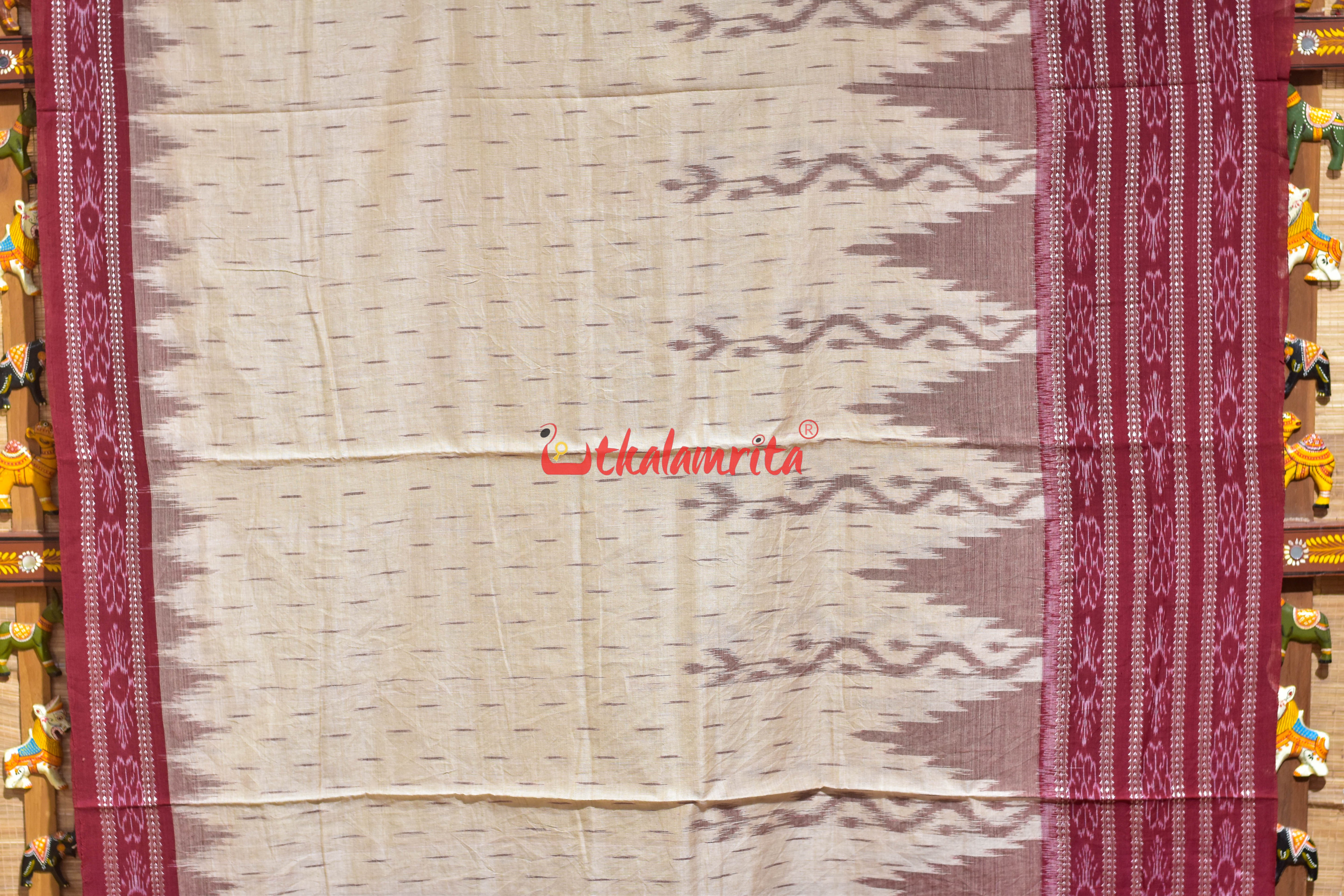 Off White Maroon Daali Scot Khandua Cotton Saree