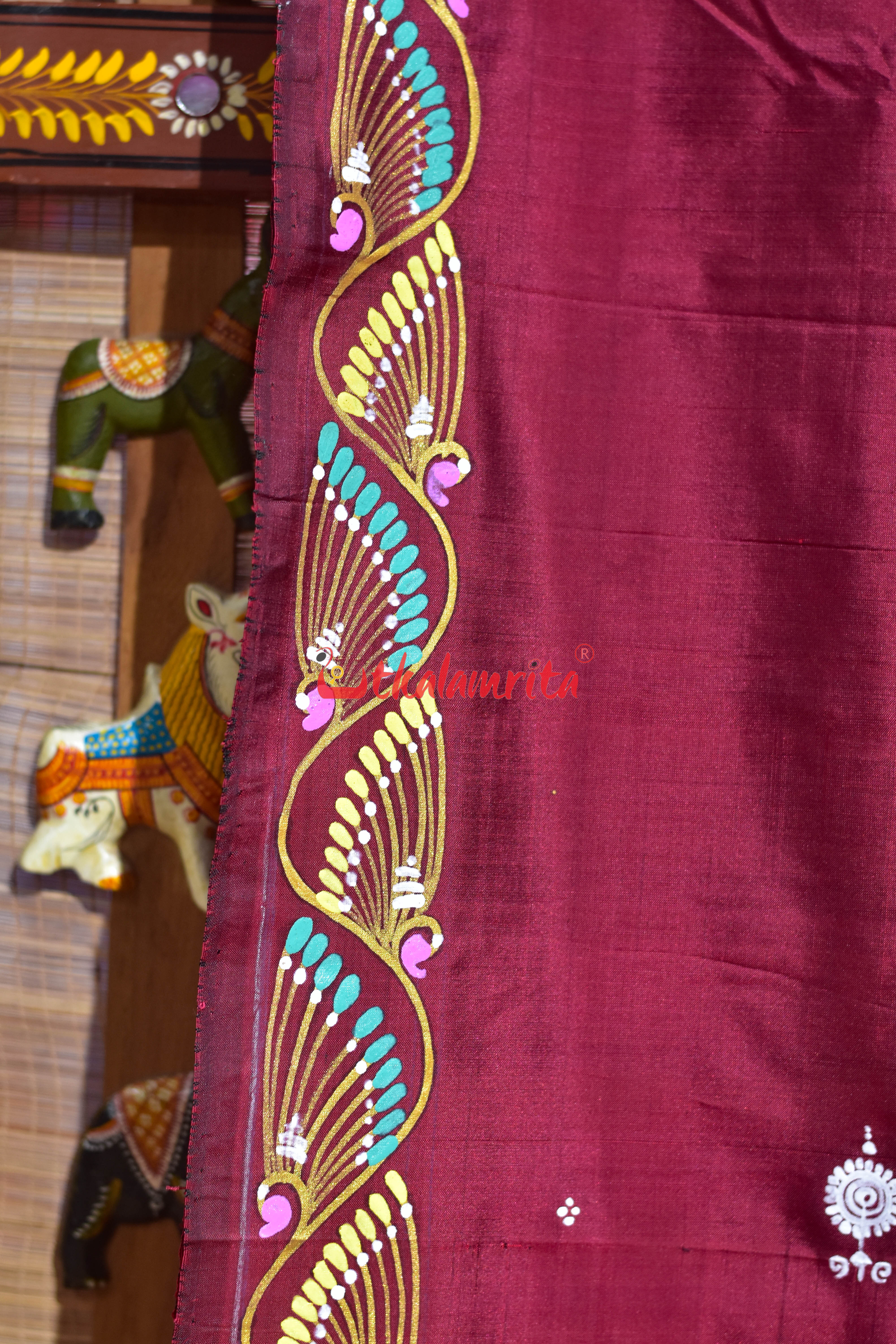 Maroon Nauka Paar Pattachitra Silk Saree