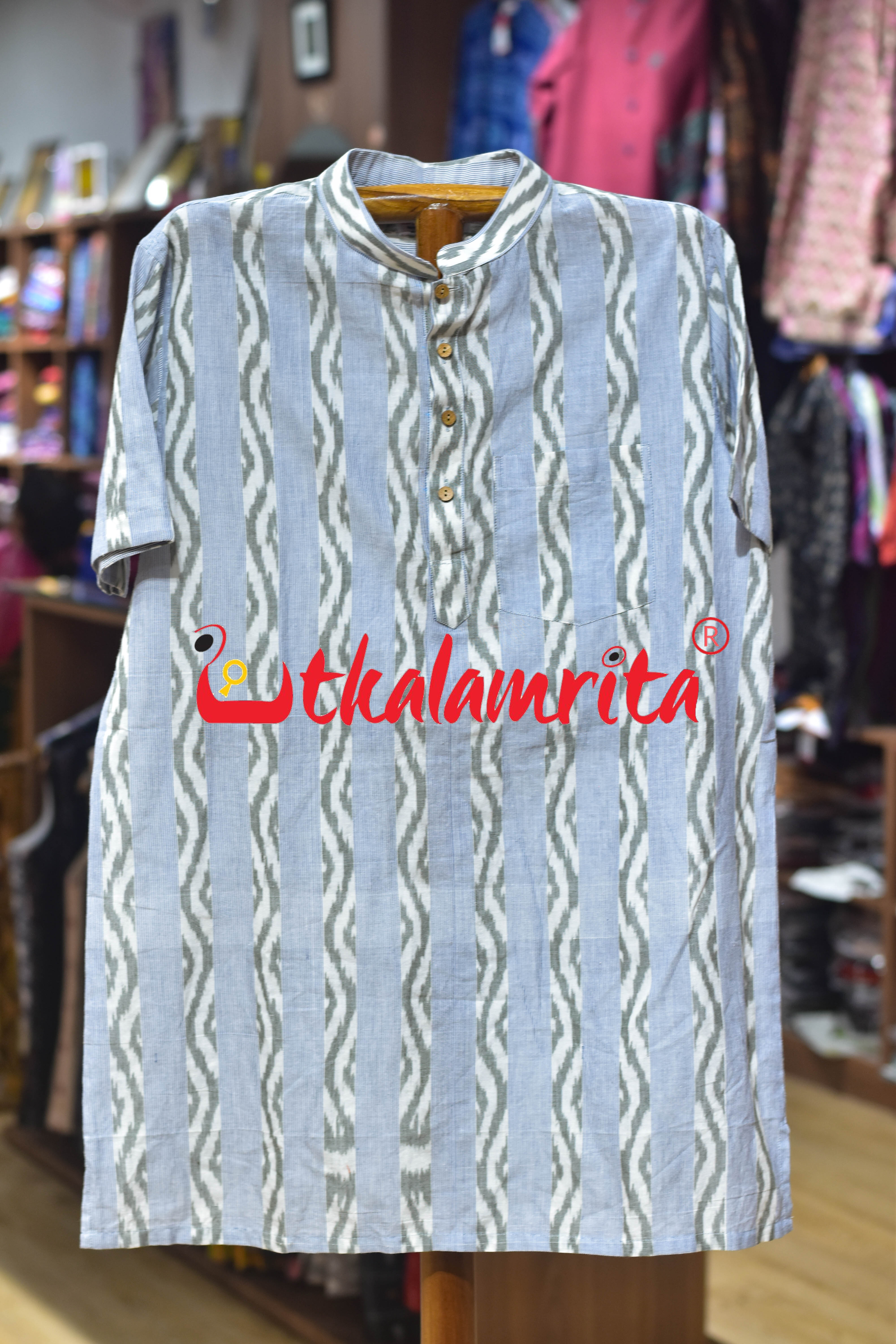 White Blue Lahari Lines (Men's Short Kurta)