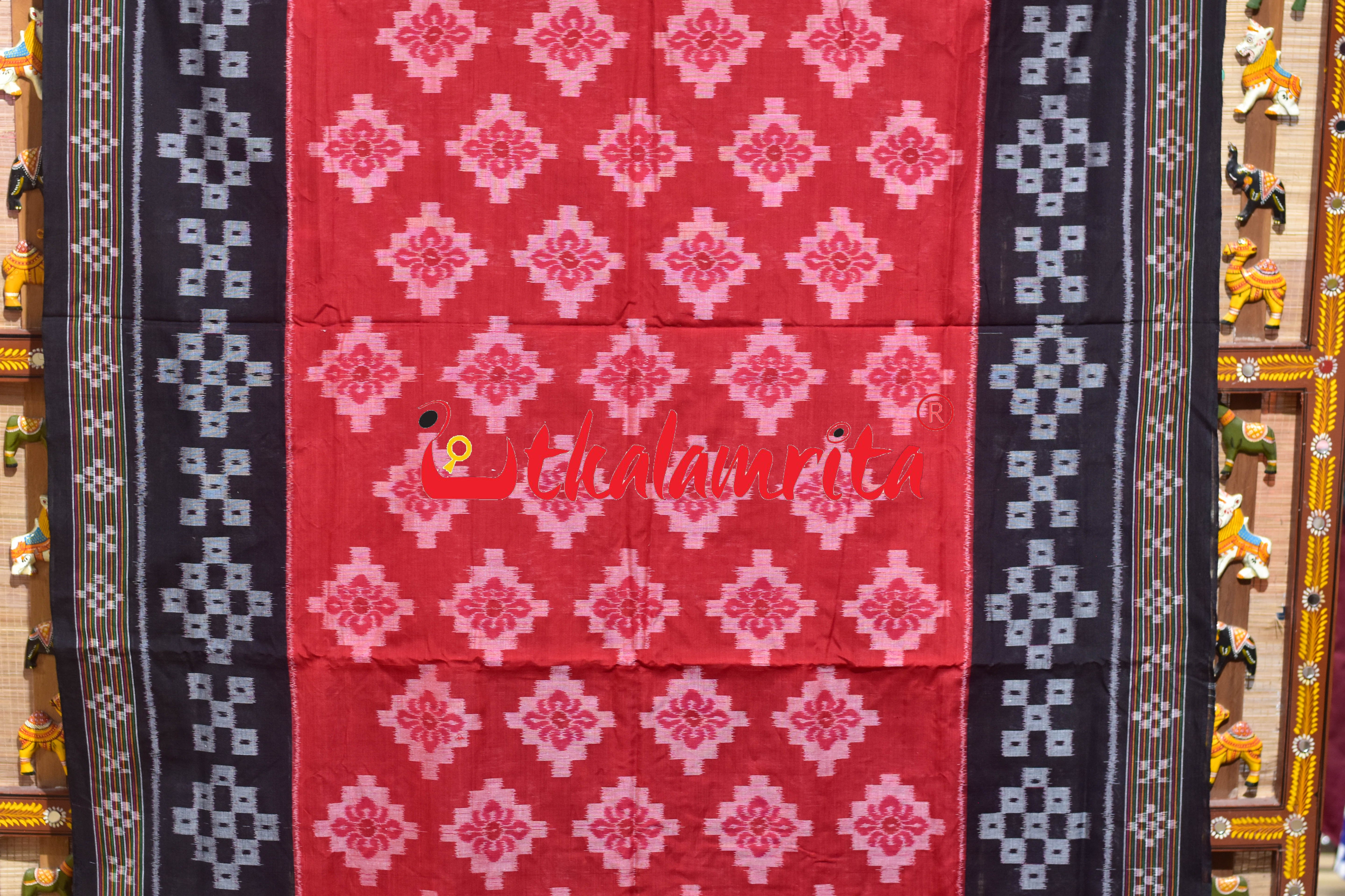 Red Black Pasapali Scot Khandua Cotton Saree