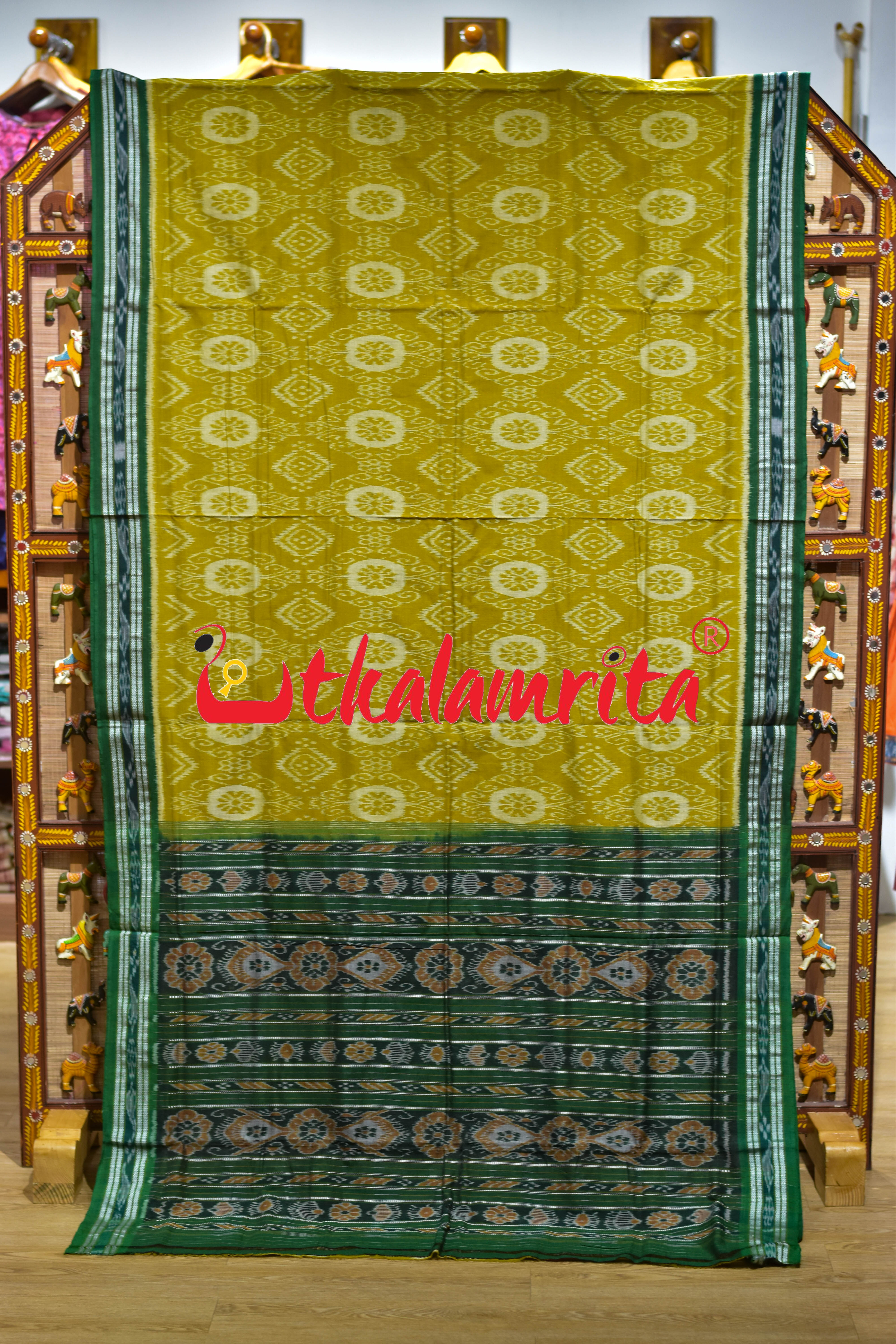 Janhiphuliya Green Flower Khandua Cotton Saree