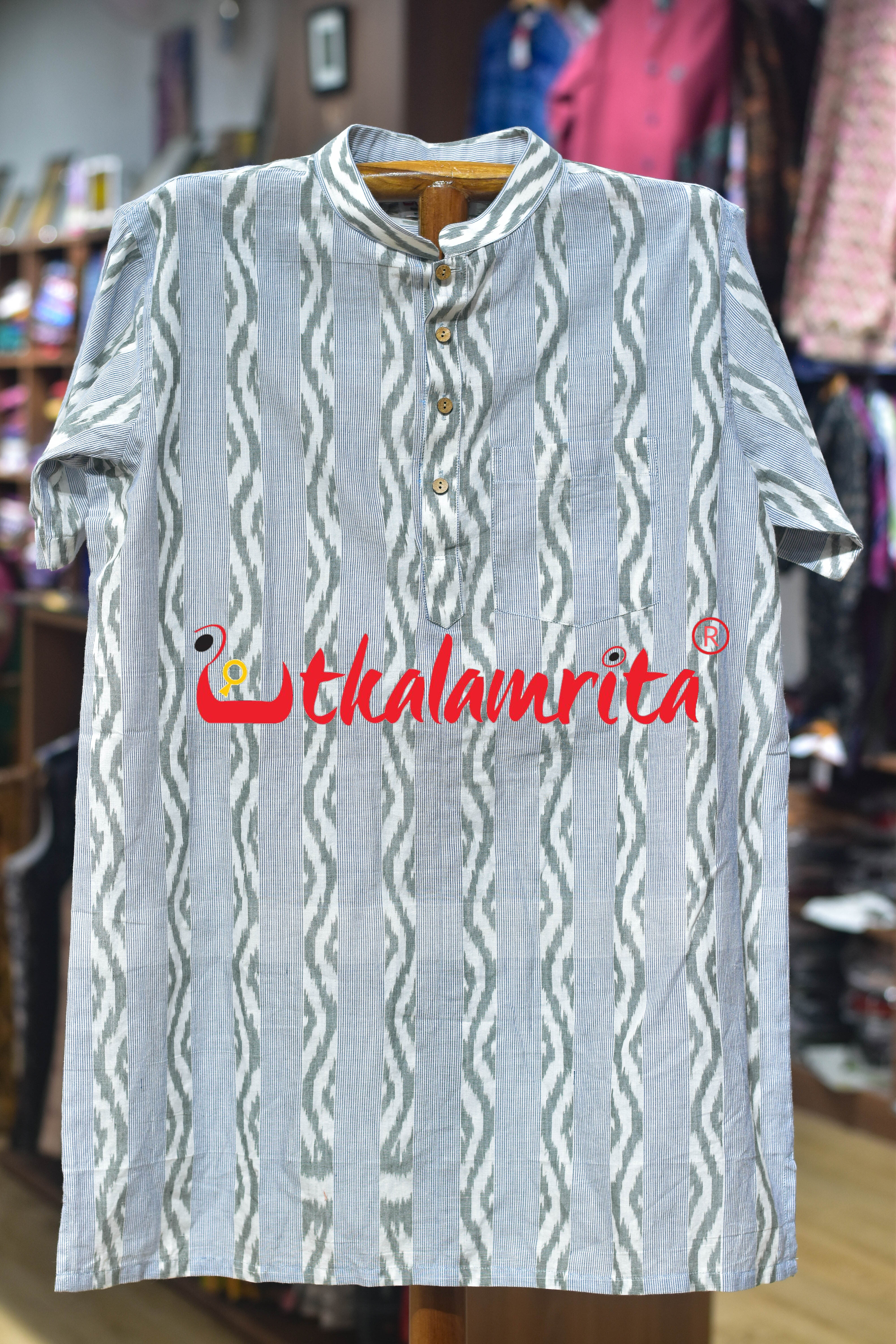 White Blue Lahari Lines (Men's Short Kurta)