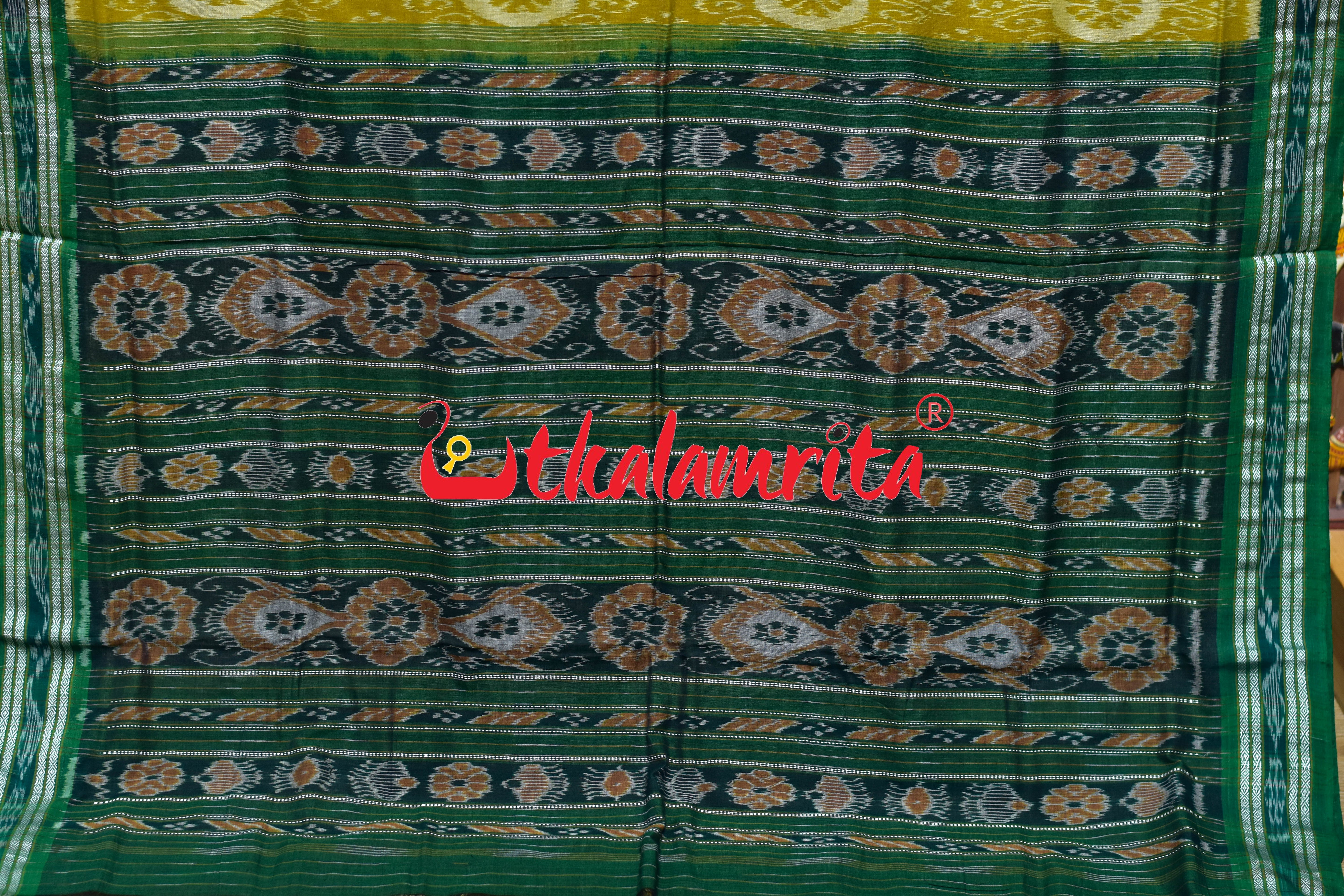 Janhiphuliya Green Flower Khandua Cotton Saree