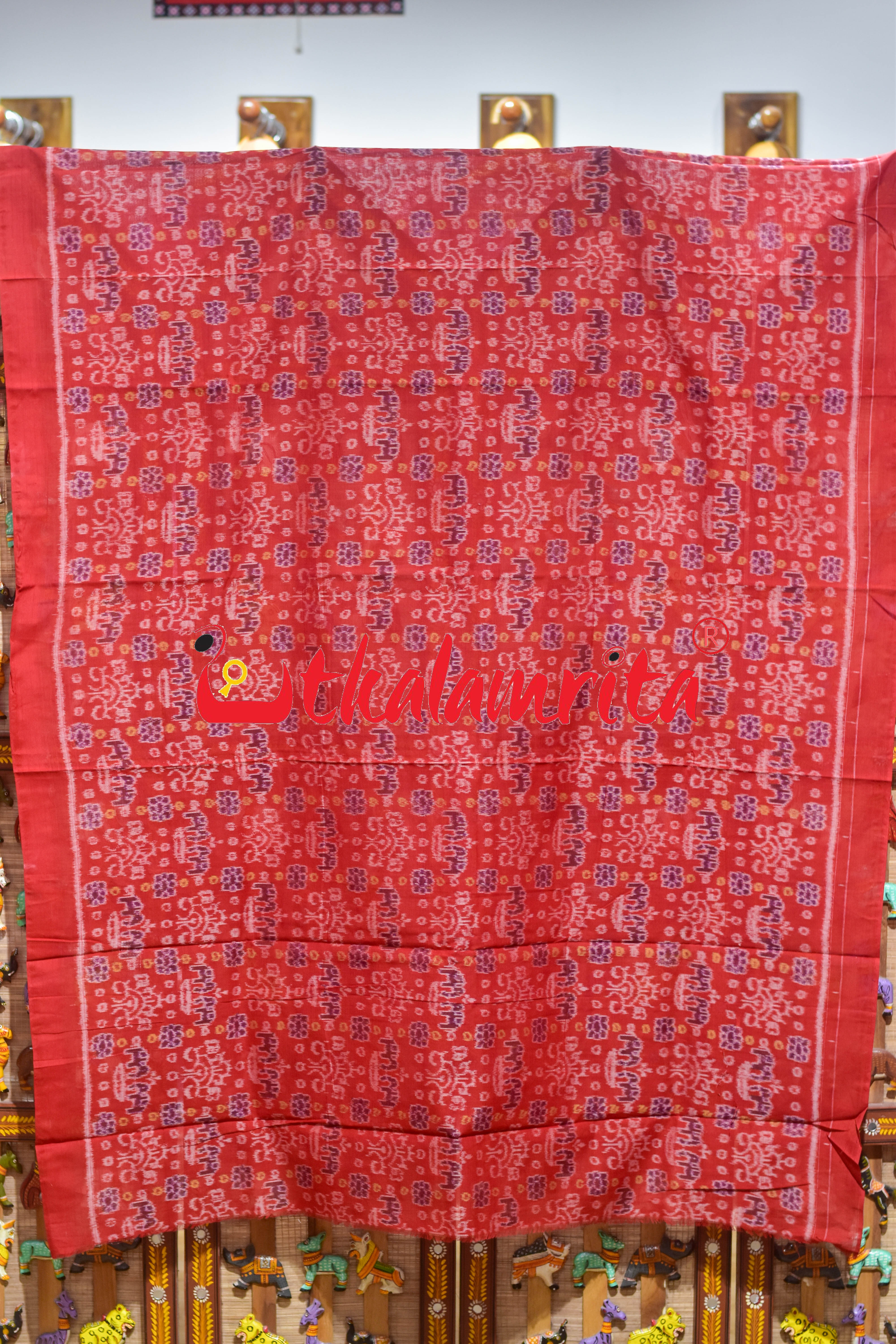Red Black Double Elephant Sambalpuri Cotton Dress Set