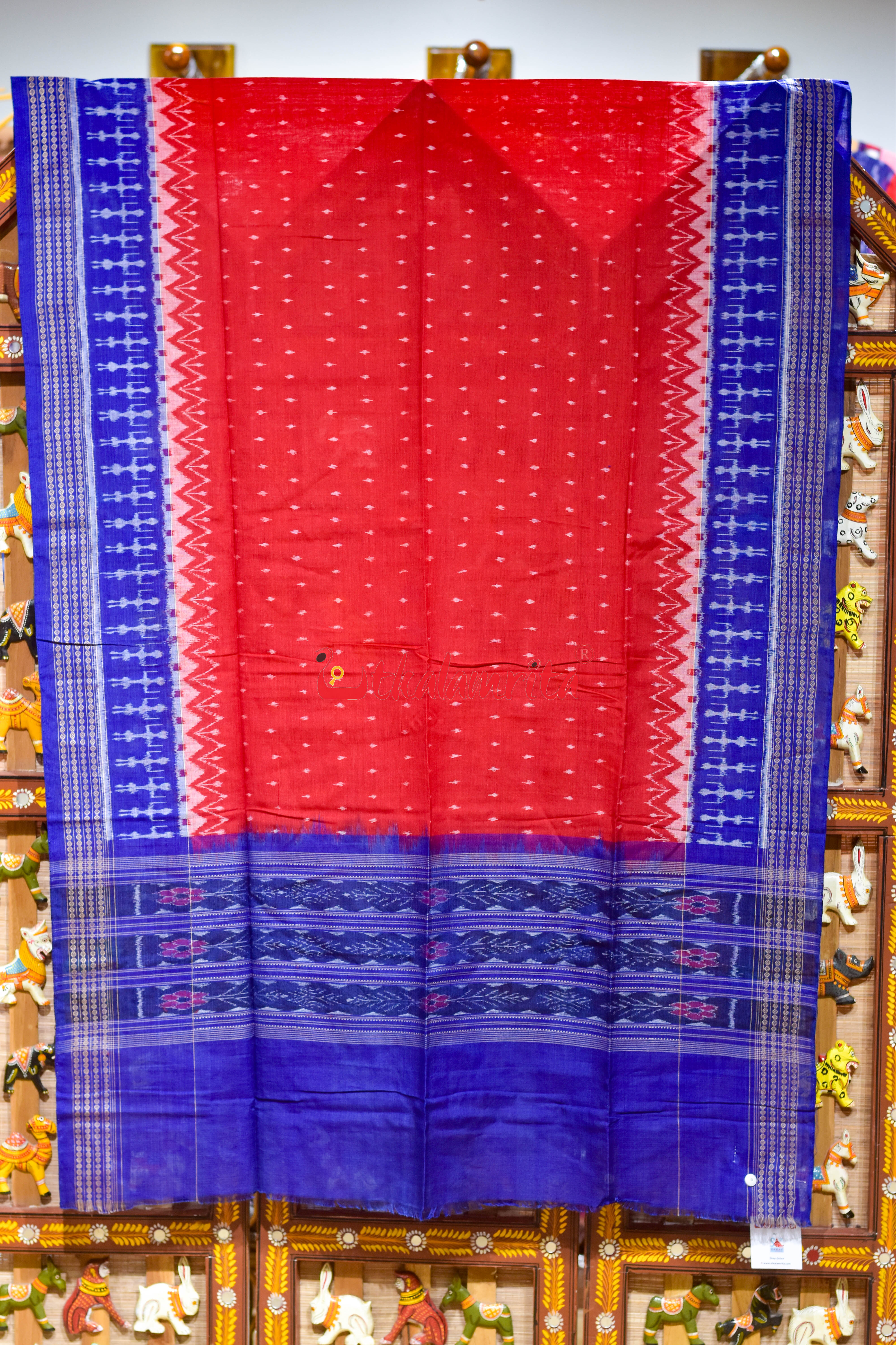 Red with Blue Tribal Border Cotton (Dupatta)