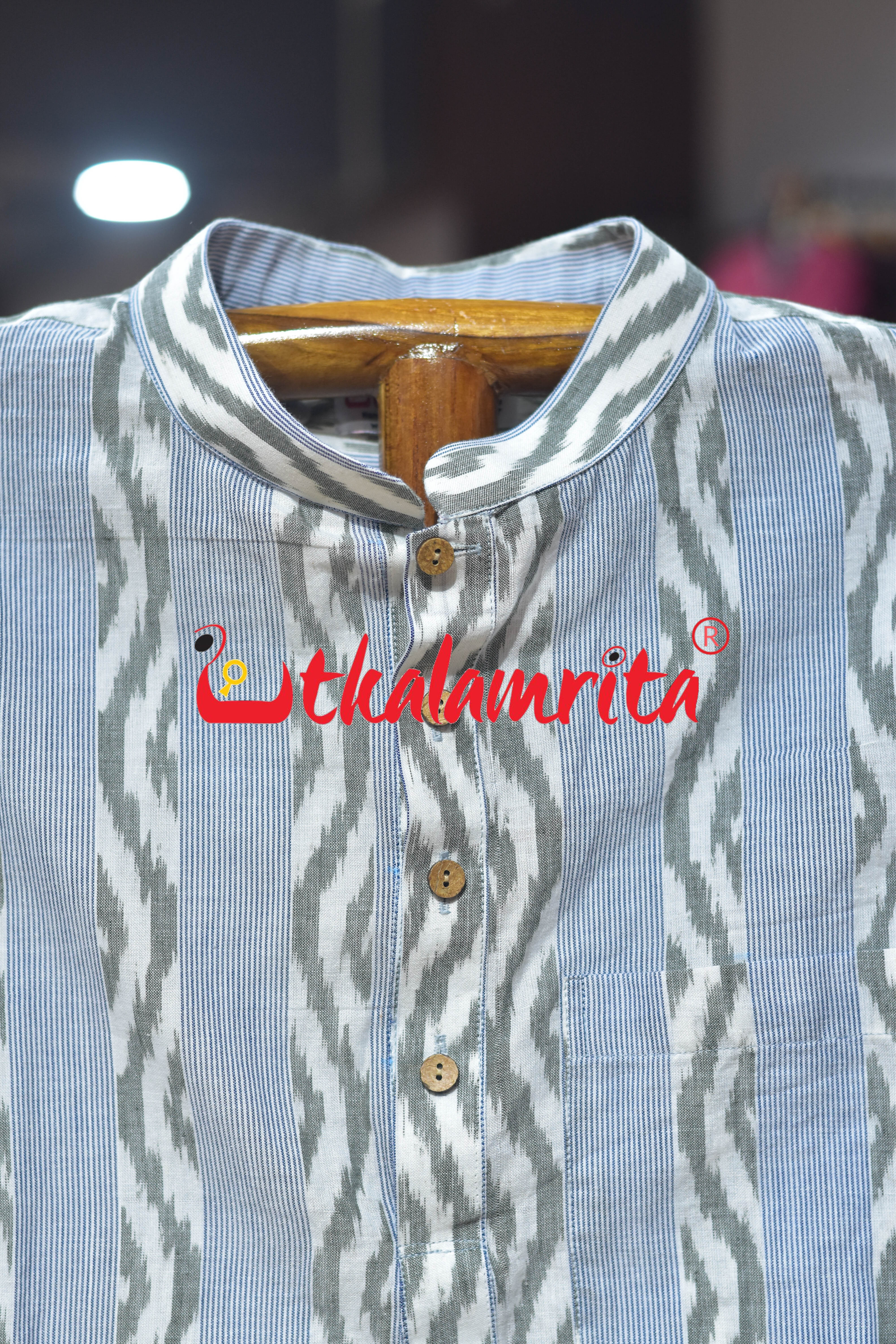 White Blue Lahari Lines (Men's Short Kurta)