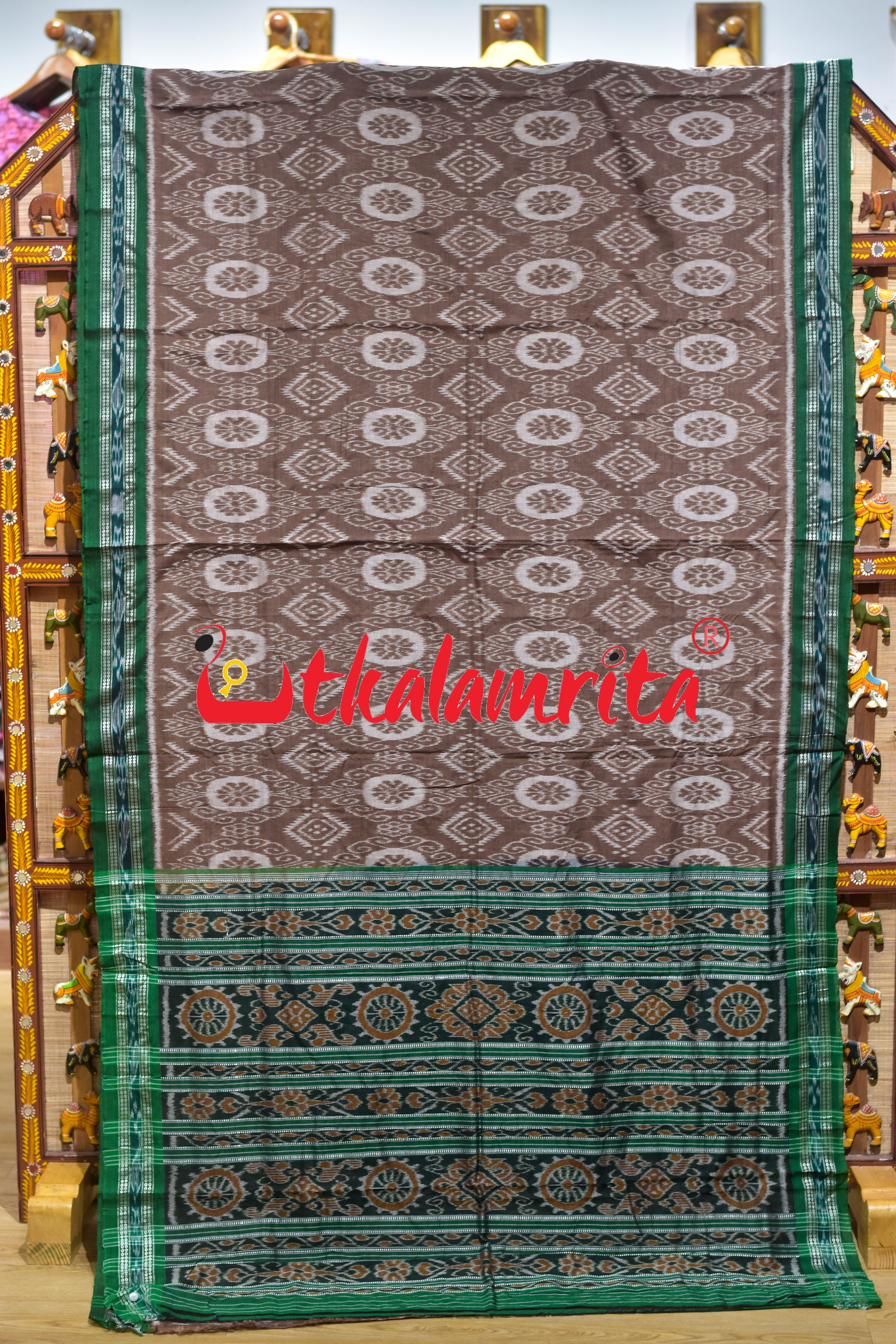Chocolate Green Flower Khandua Cotton Saree