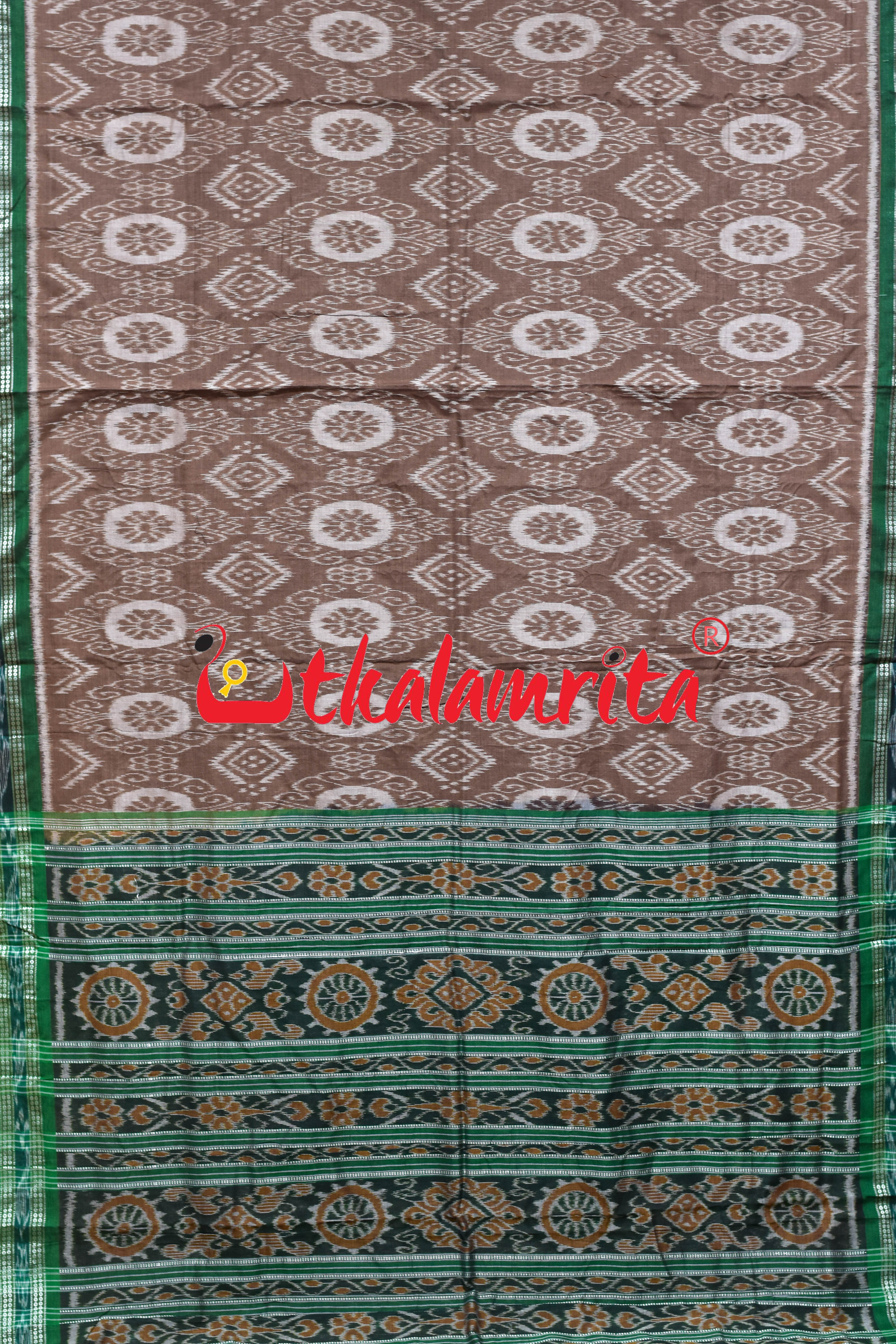 Chocolate Green Flower Khandua Cotton Saree