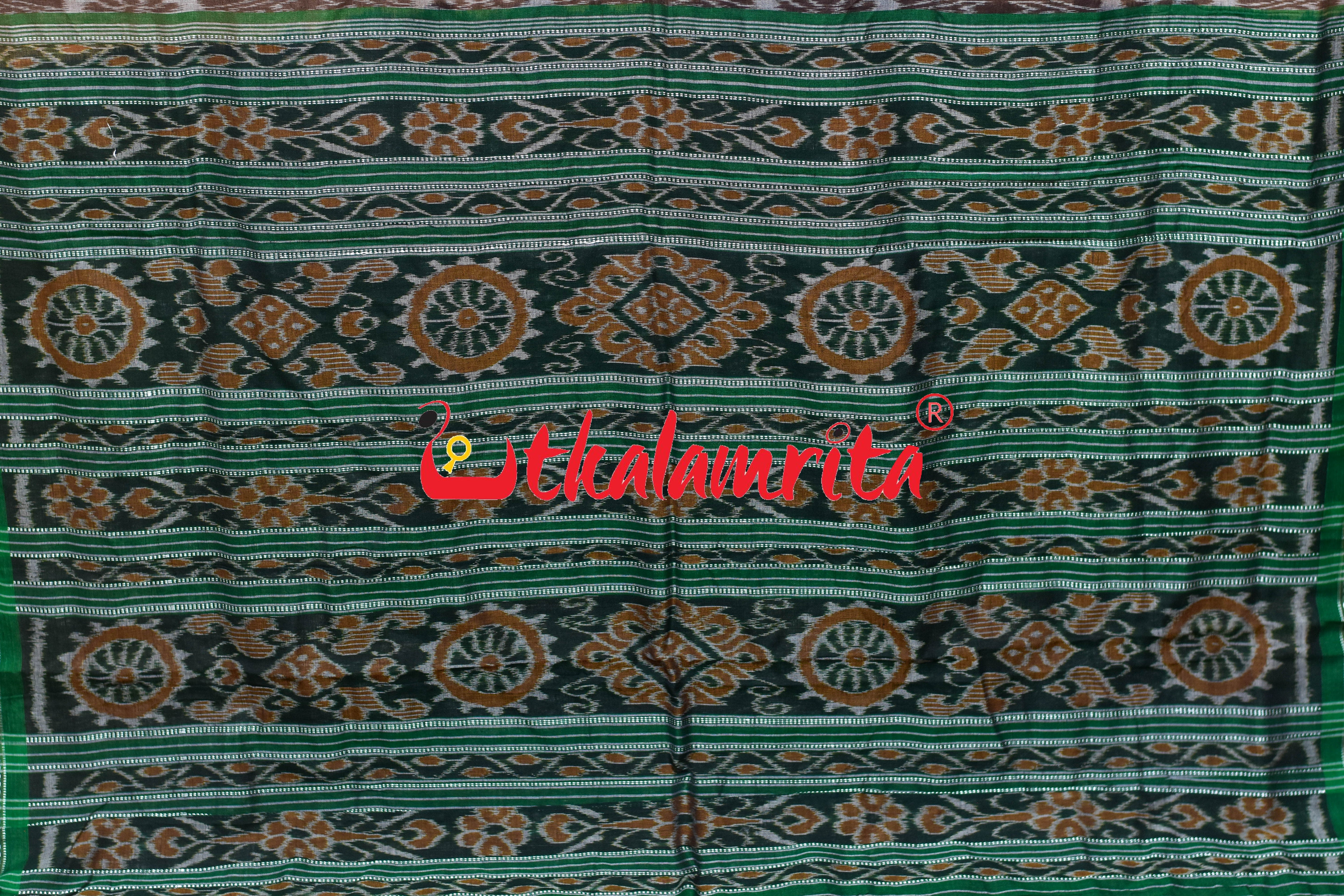 Chocolate Green Flower Khandua Cotton Saree