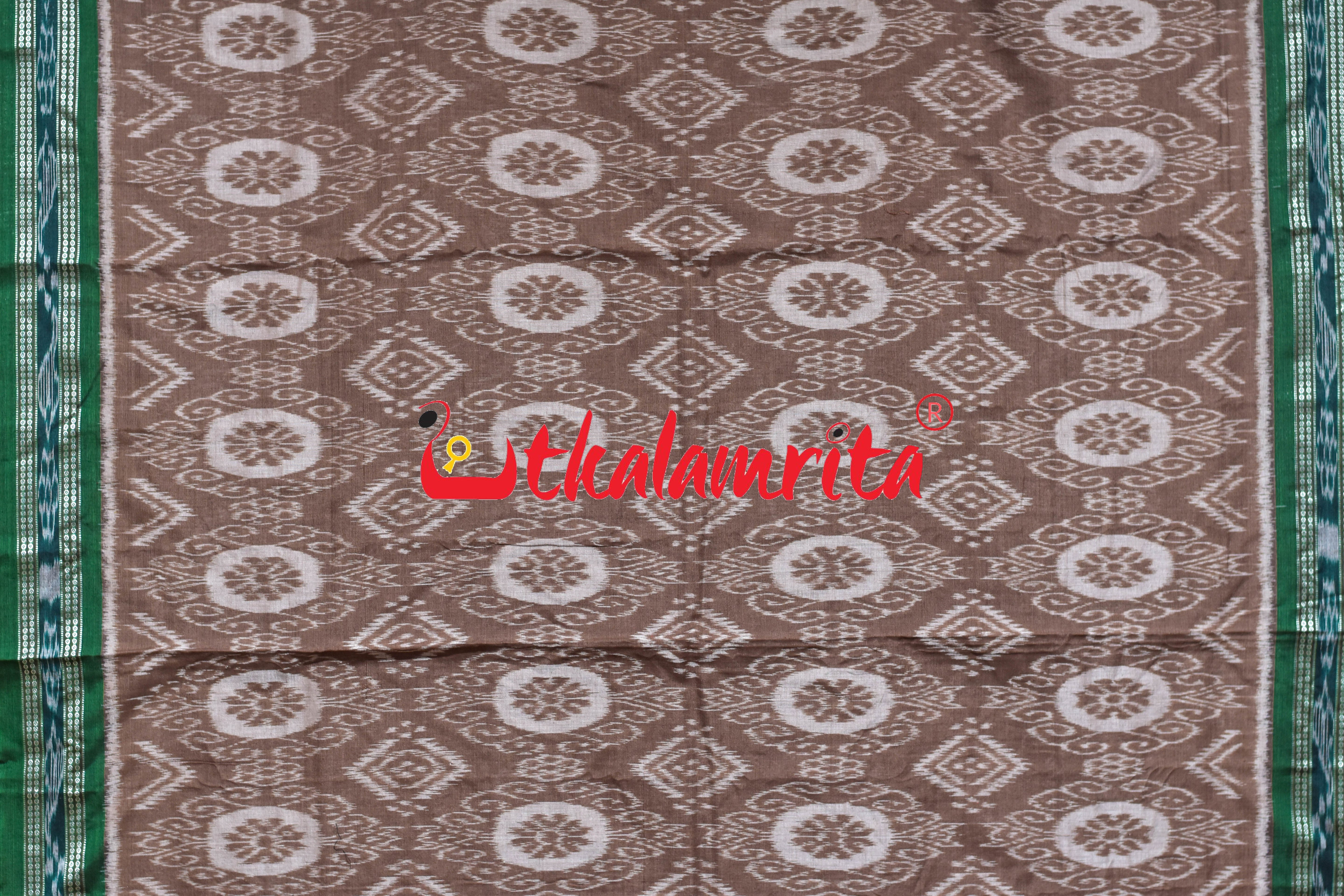 Chocolate Green Flower Khandua Cotton Saree