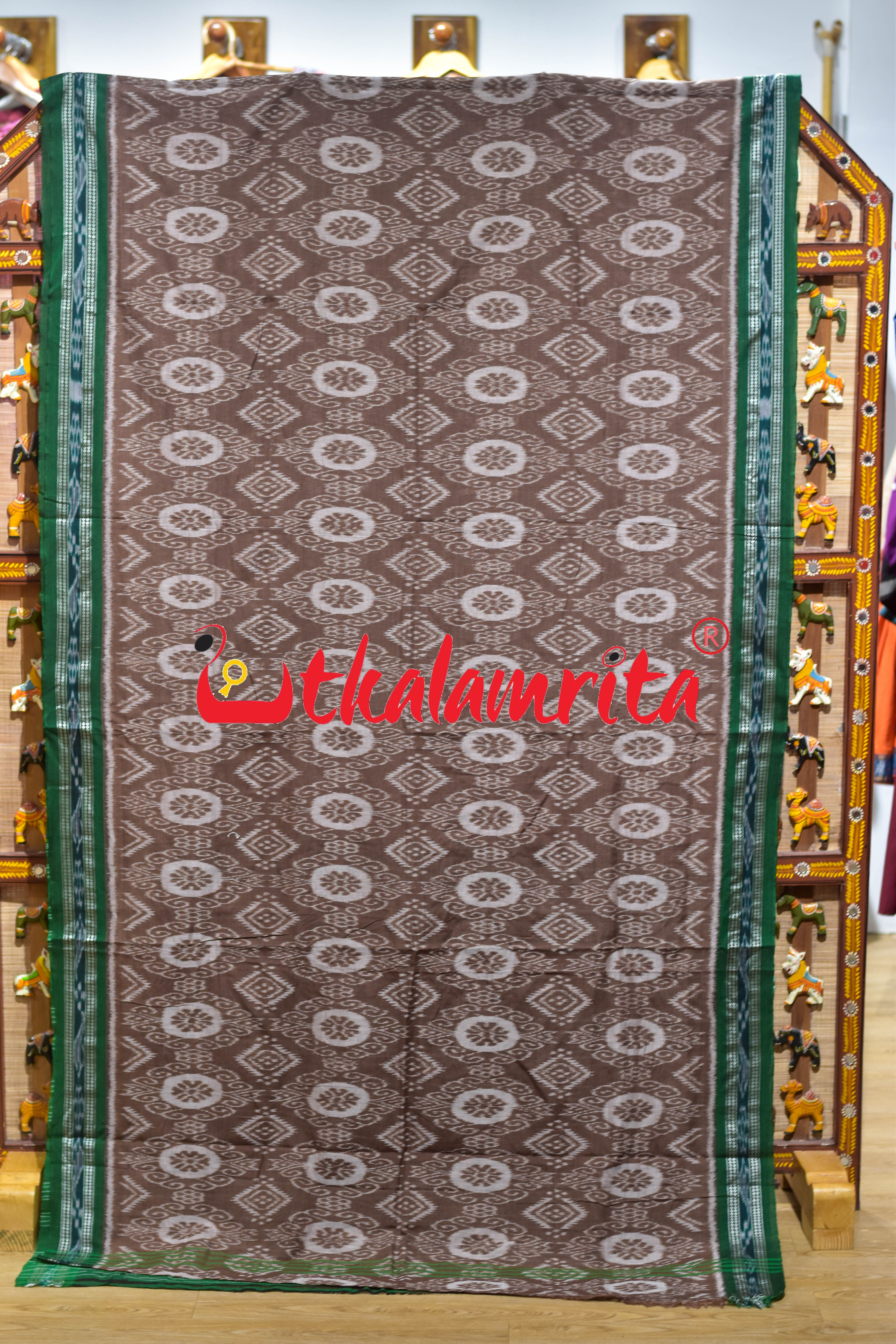 Chocolate Green Flower Khandua Cotton Saree