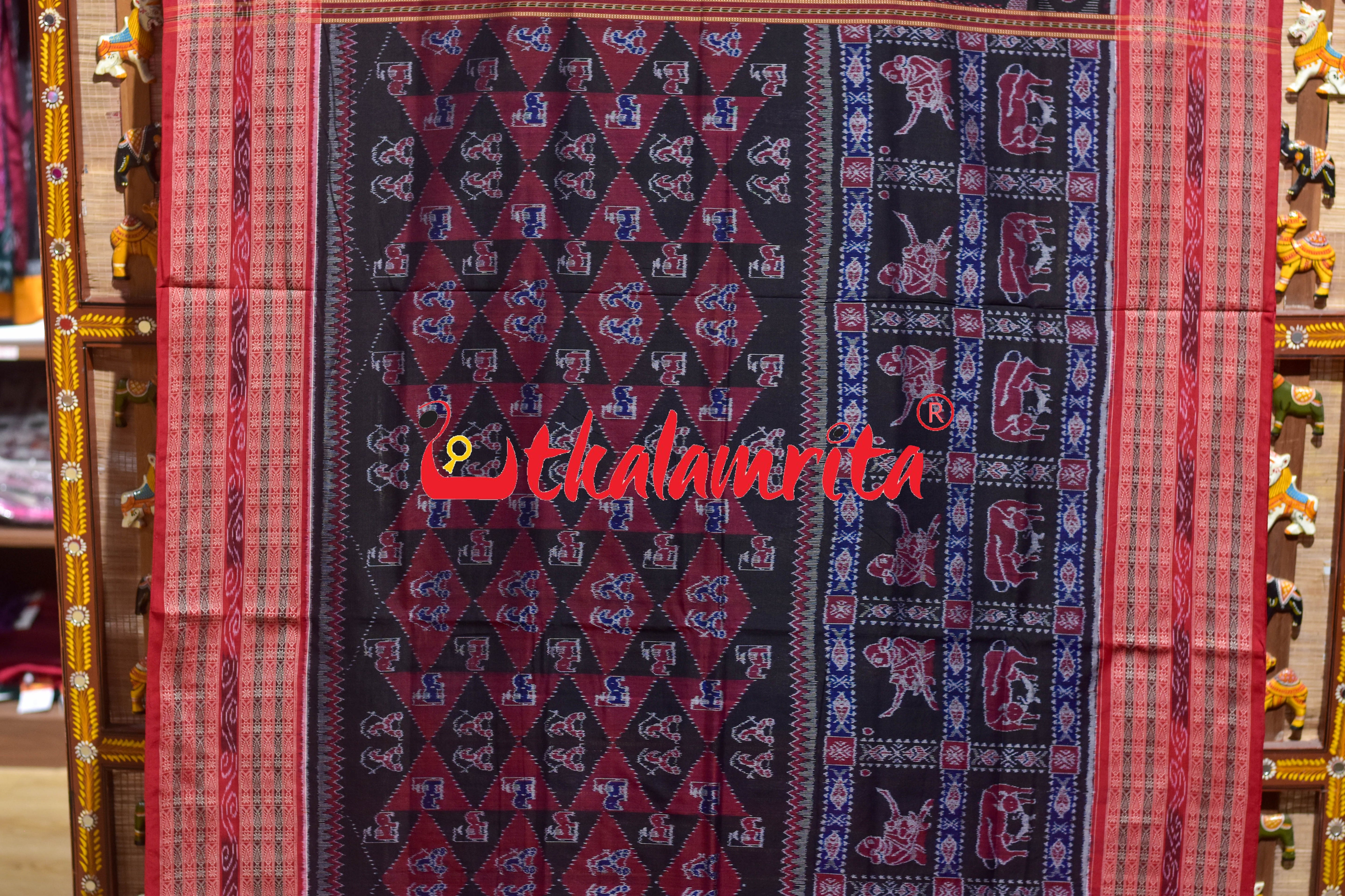 Black Red Uansa Rani Sambalpuri Cotton Saree