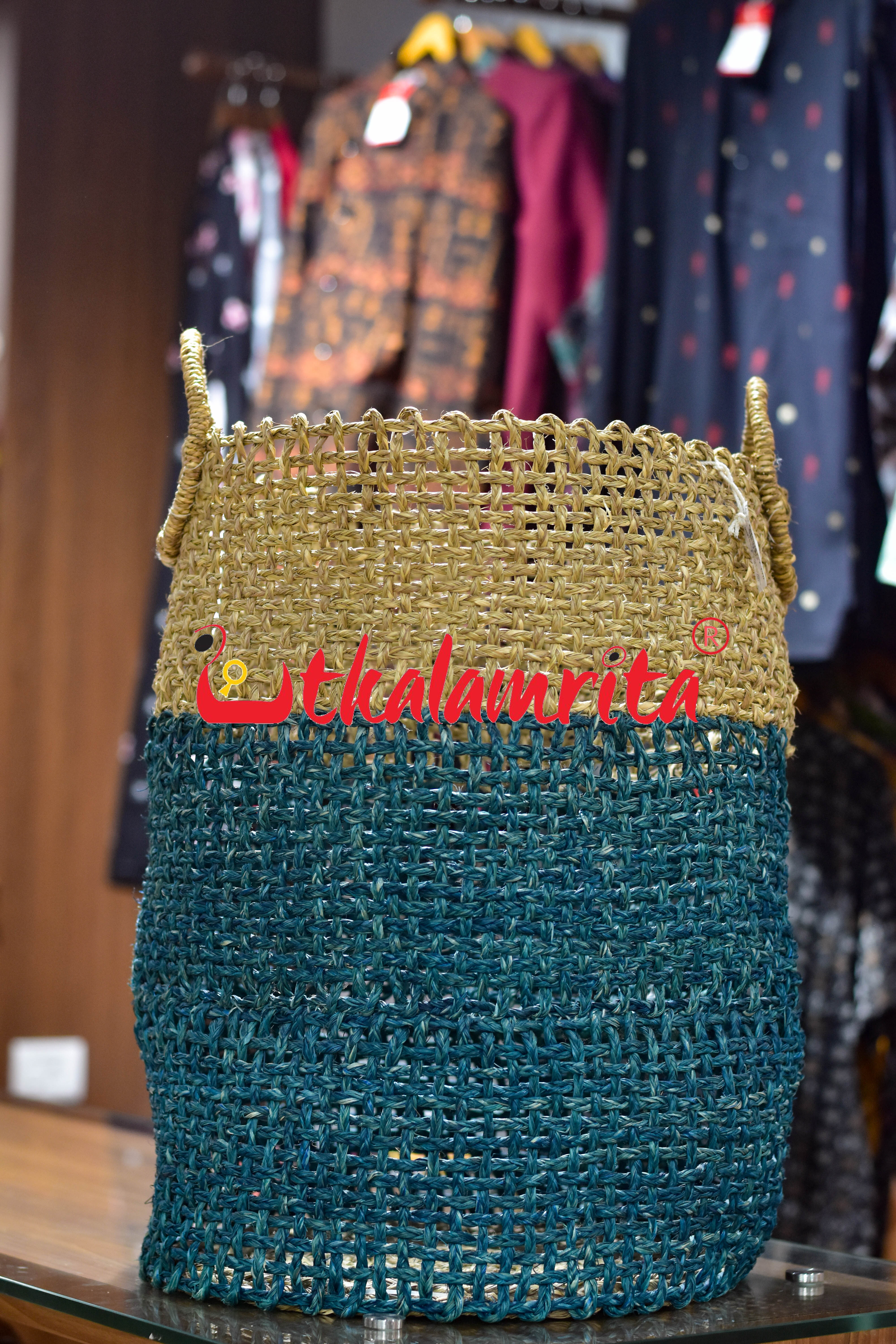 Sabai Grass Laundry Basket Beni Open Teal & Natural