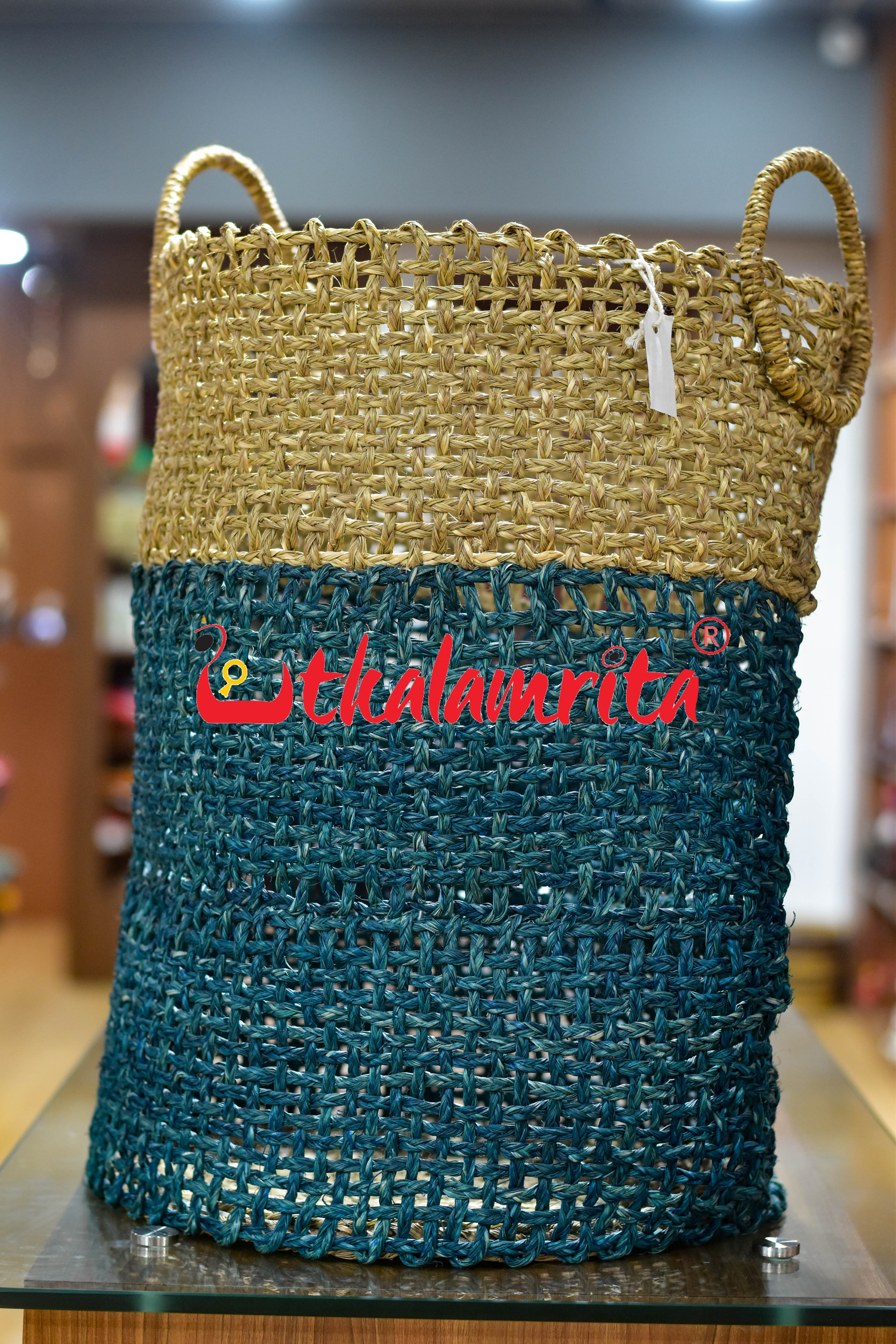 Sabai Grass Laundry Basket Beni Open Teal & Natural