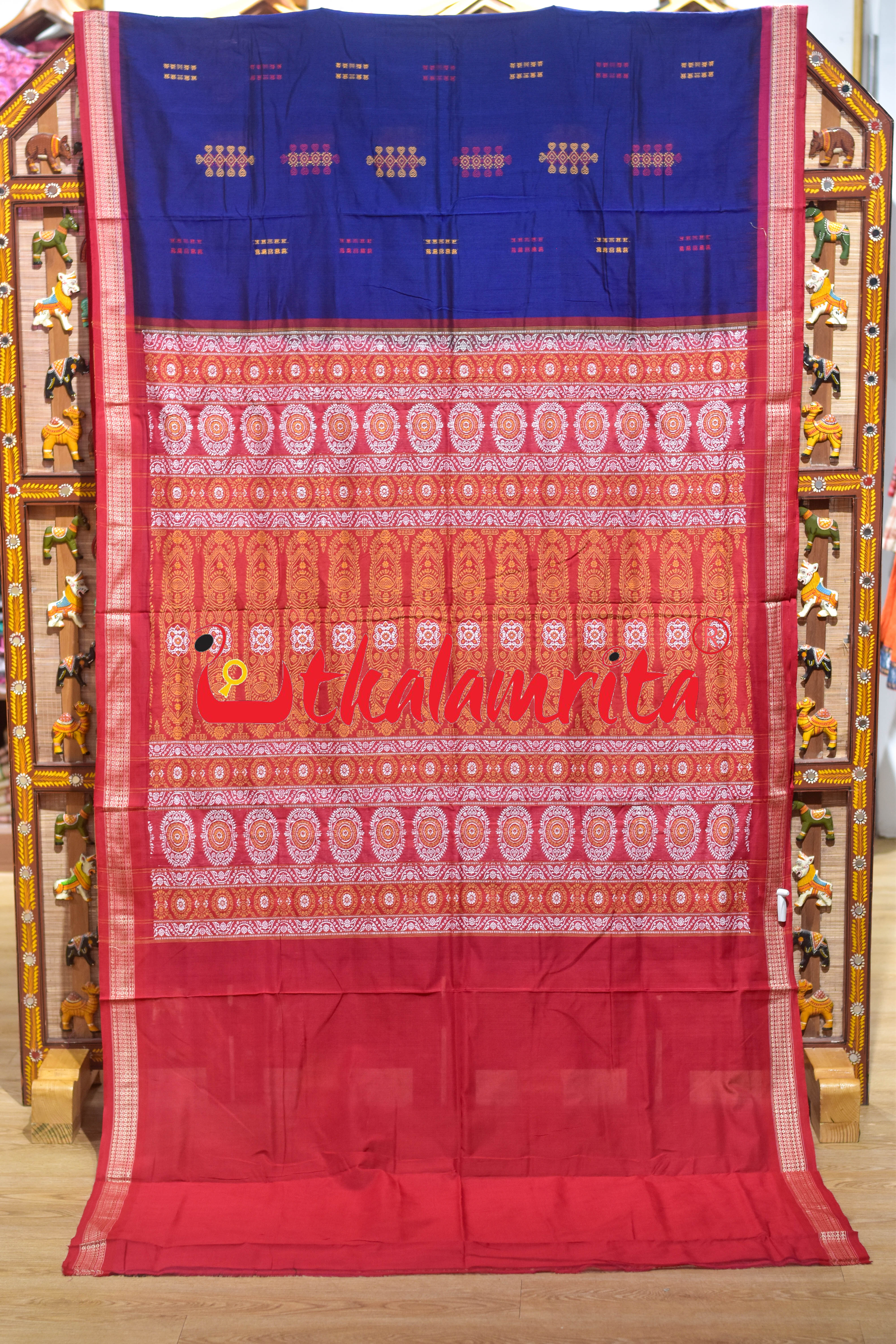 Blue Red Heart Bomkai Cotton Saree