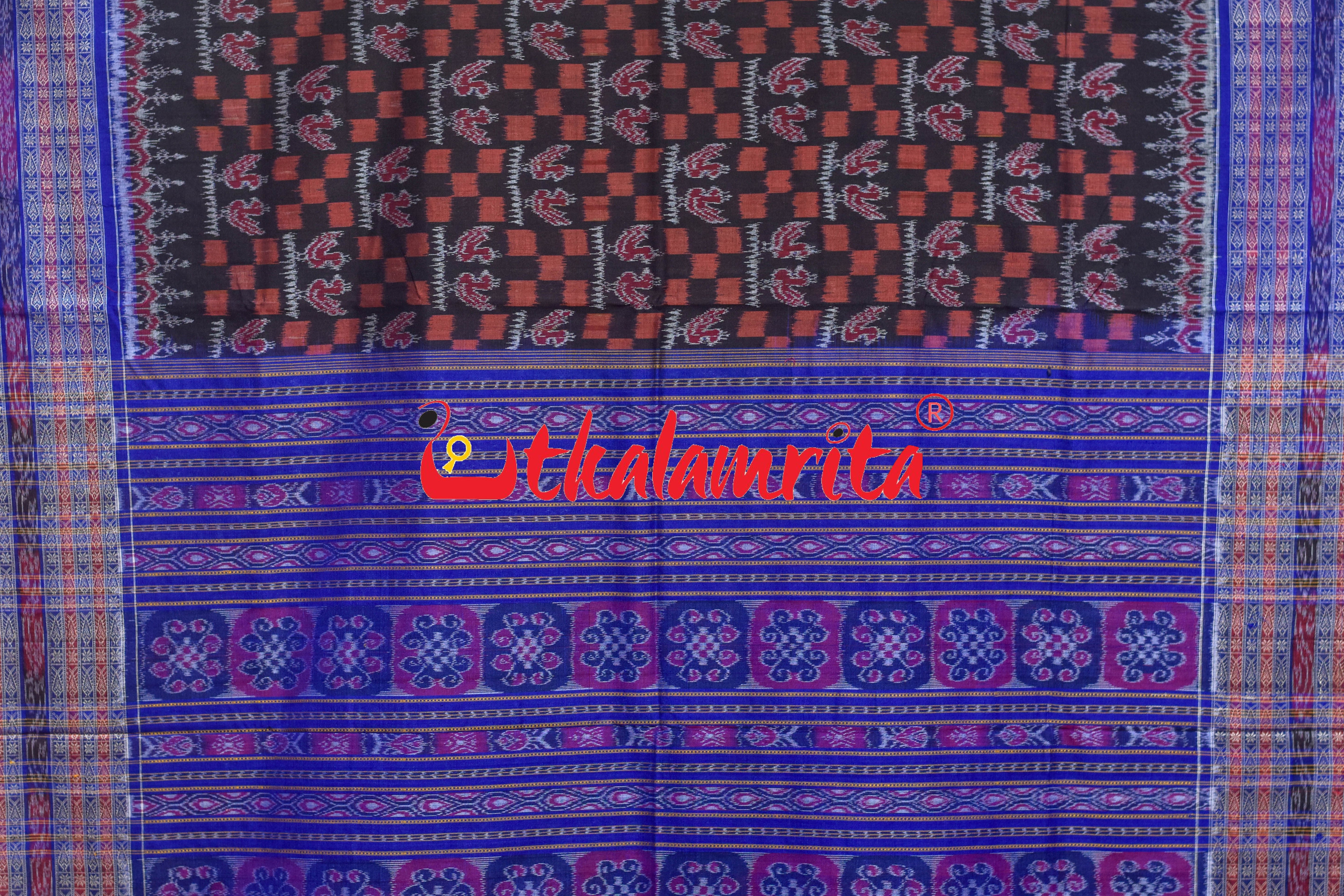 Black Rust Double Birds Sambalpuri Cotton Saree