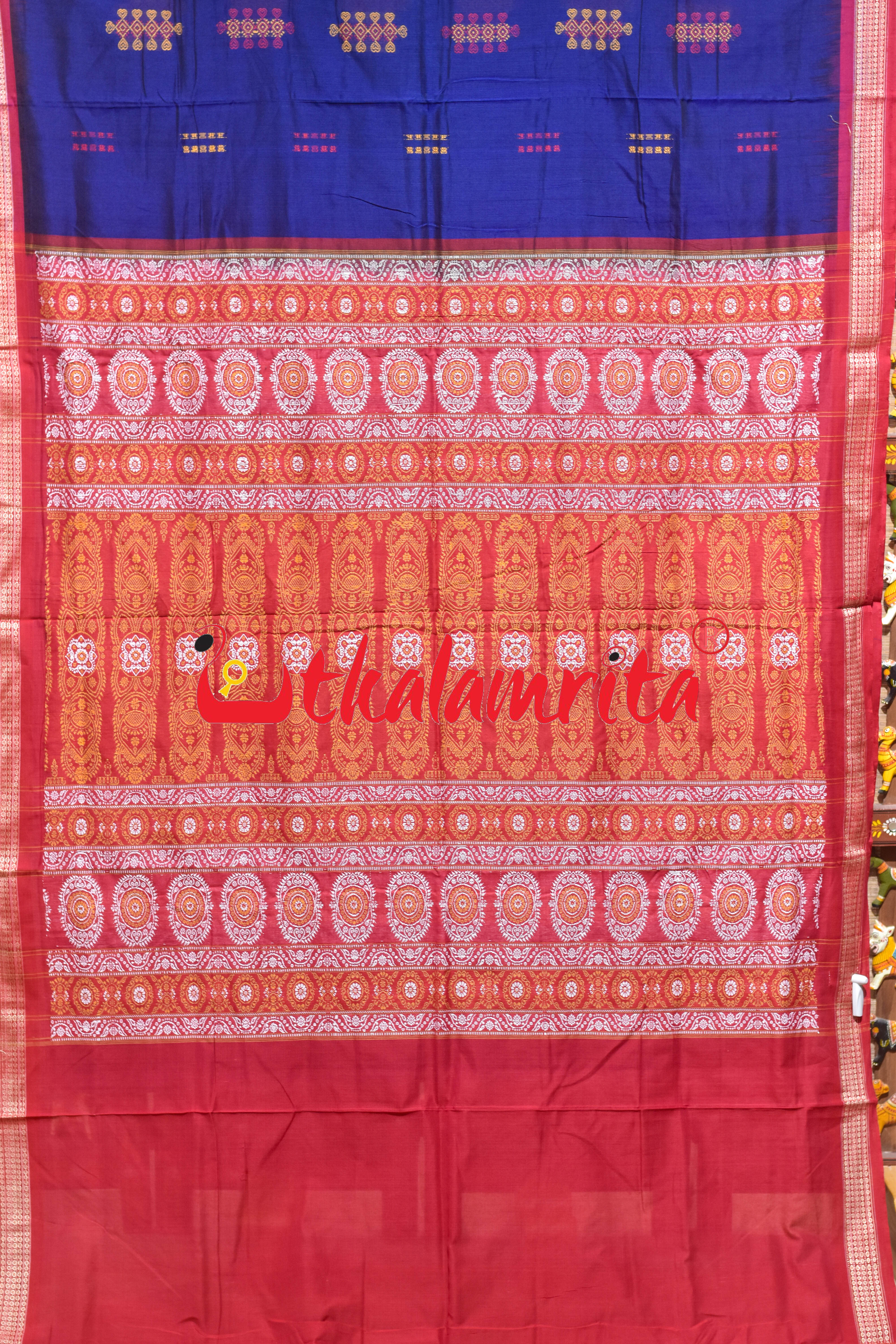 Blue Red Heart Bomkai Cotton Saree