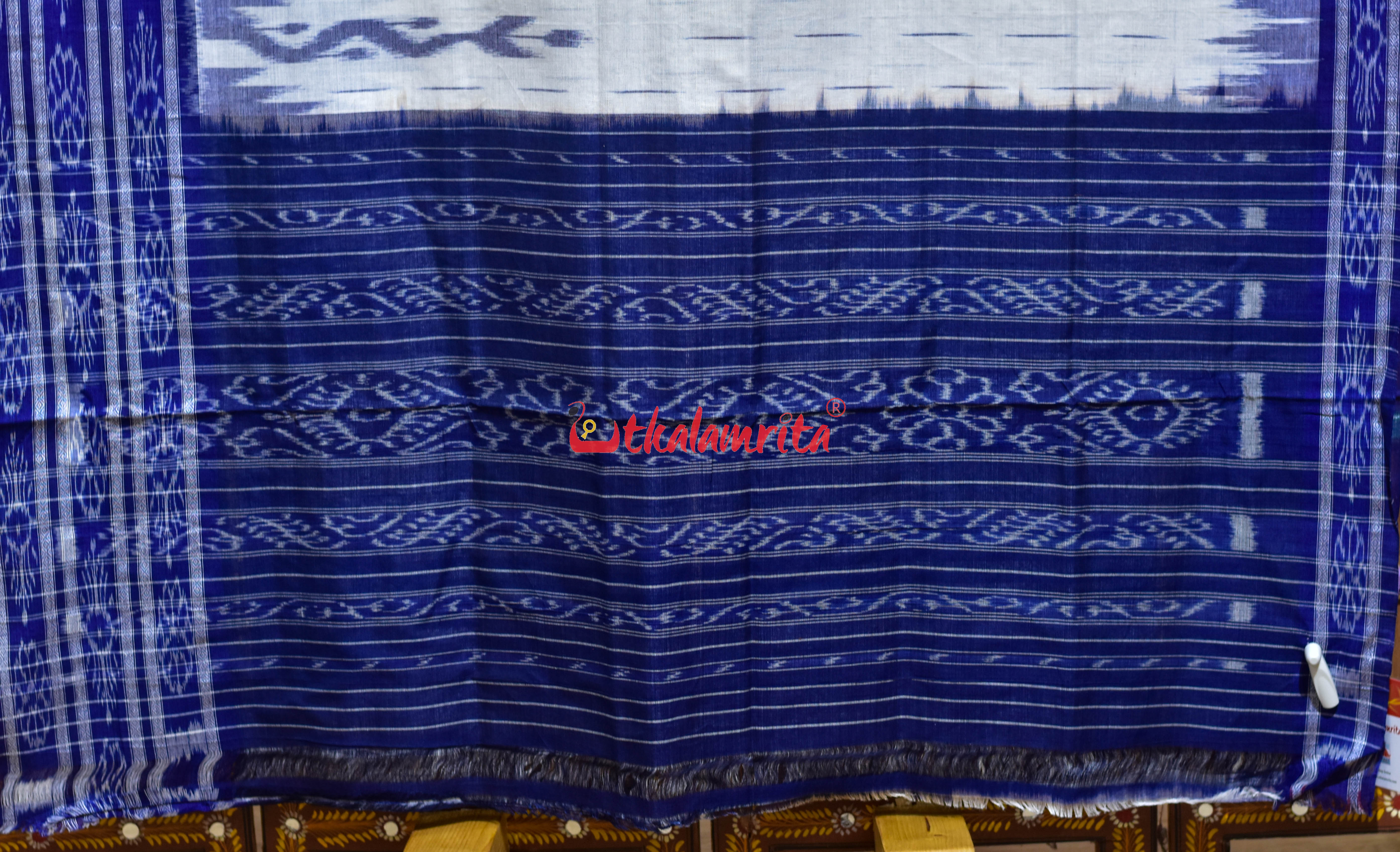 White Blue Daali Scot Khandua Cotton Saree