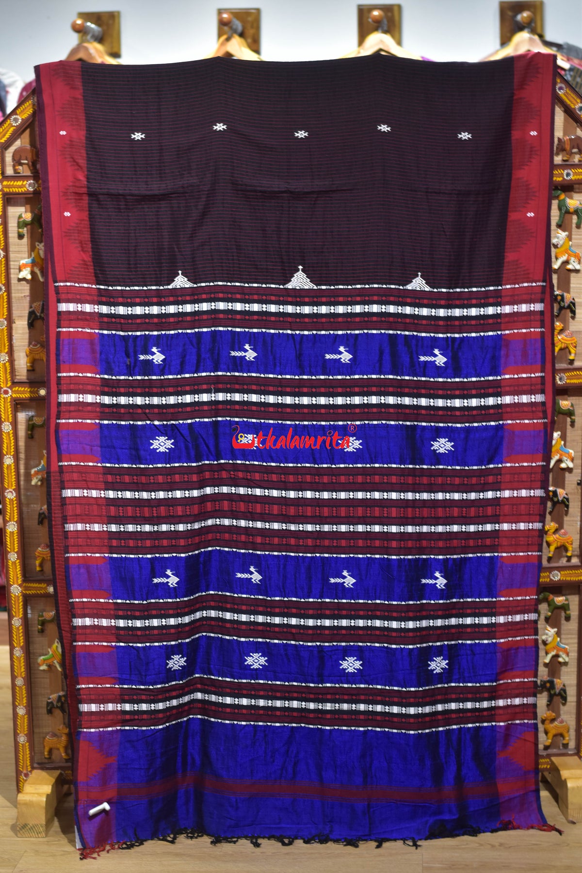 Black Red Stripes Blue Anchal Tussar Kotpad Saree