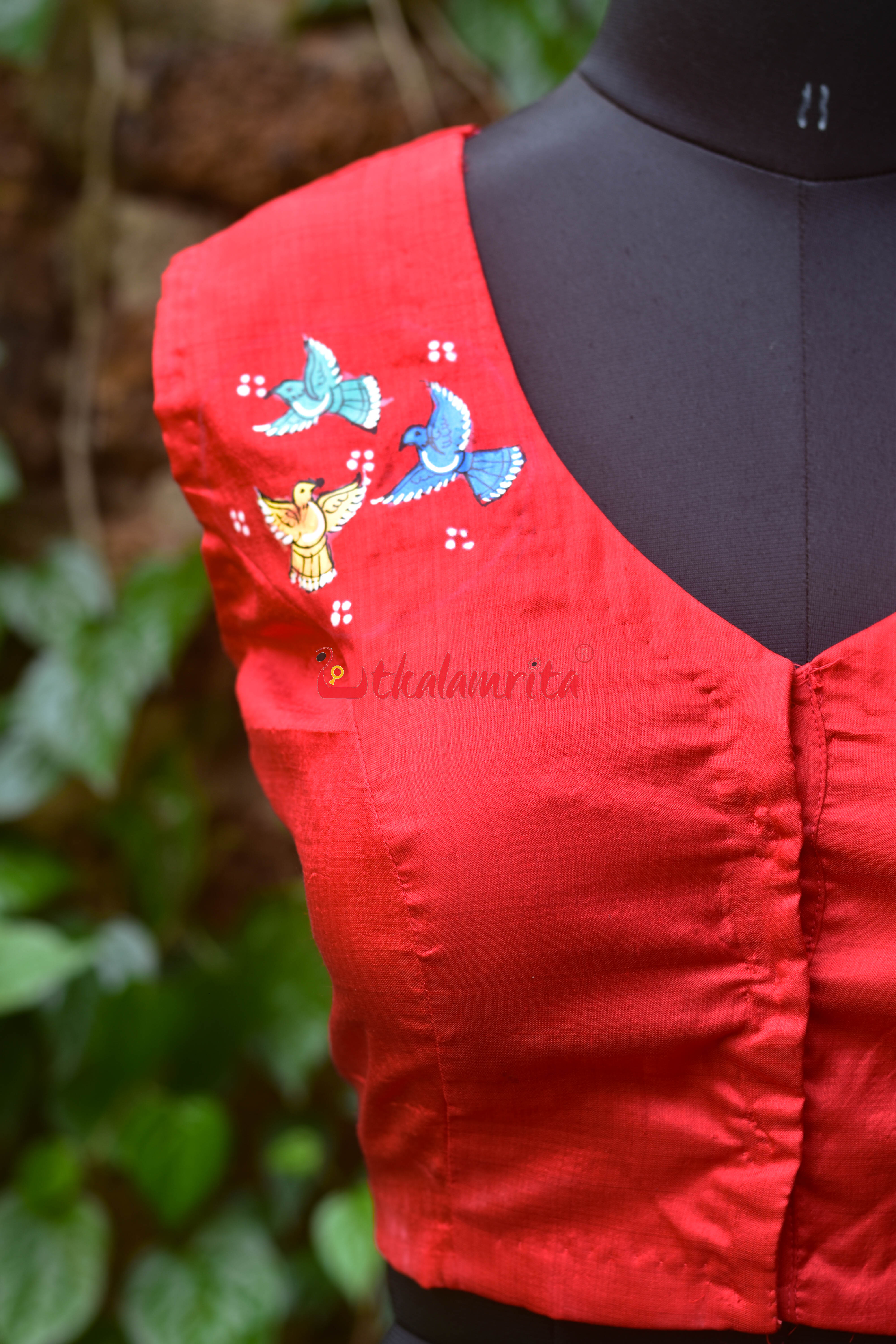 Red Fish Bandha Border Chadhei Silk (Blouse Piece)