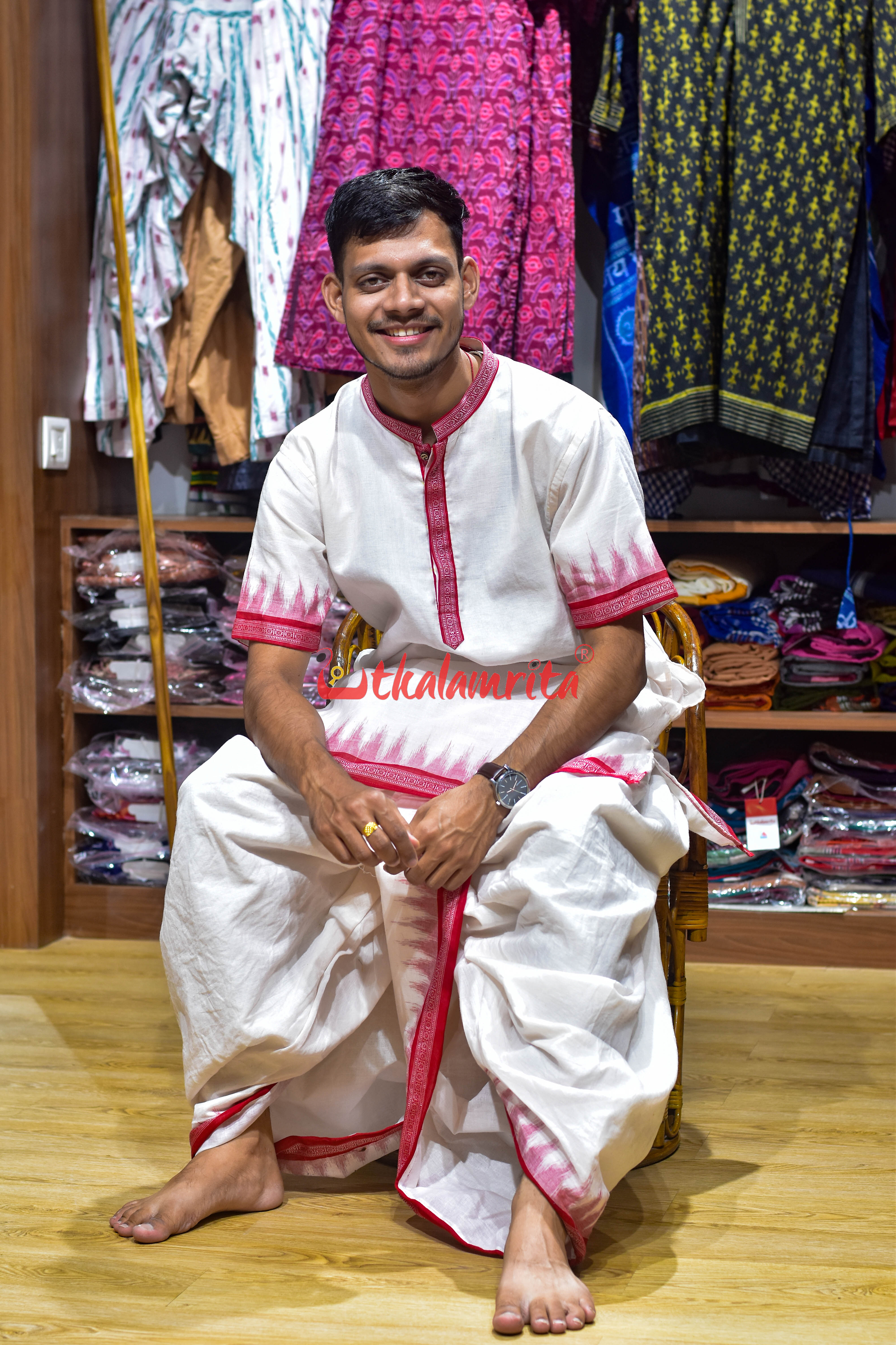 White Red (Men's Short Kurta)