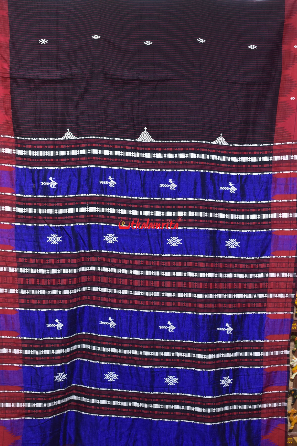 Black Red Stripes Blue Anchal Tussar Kotpad Saree