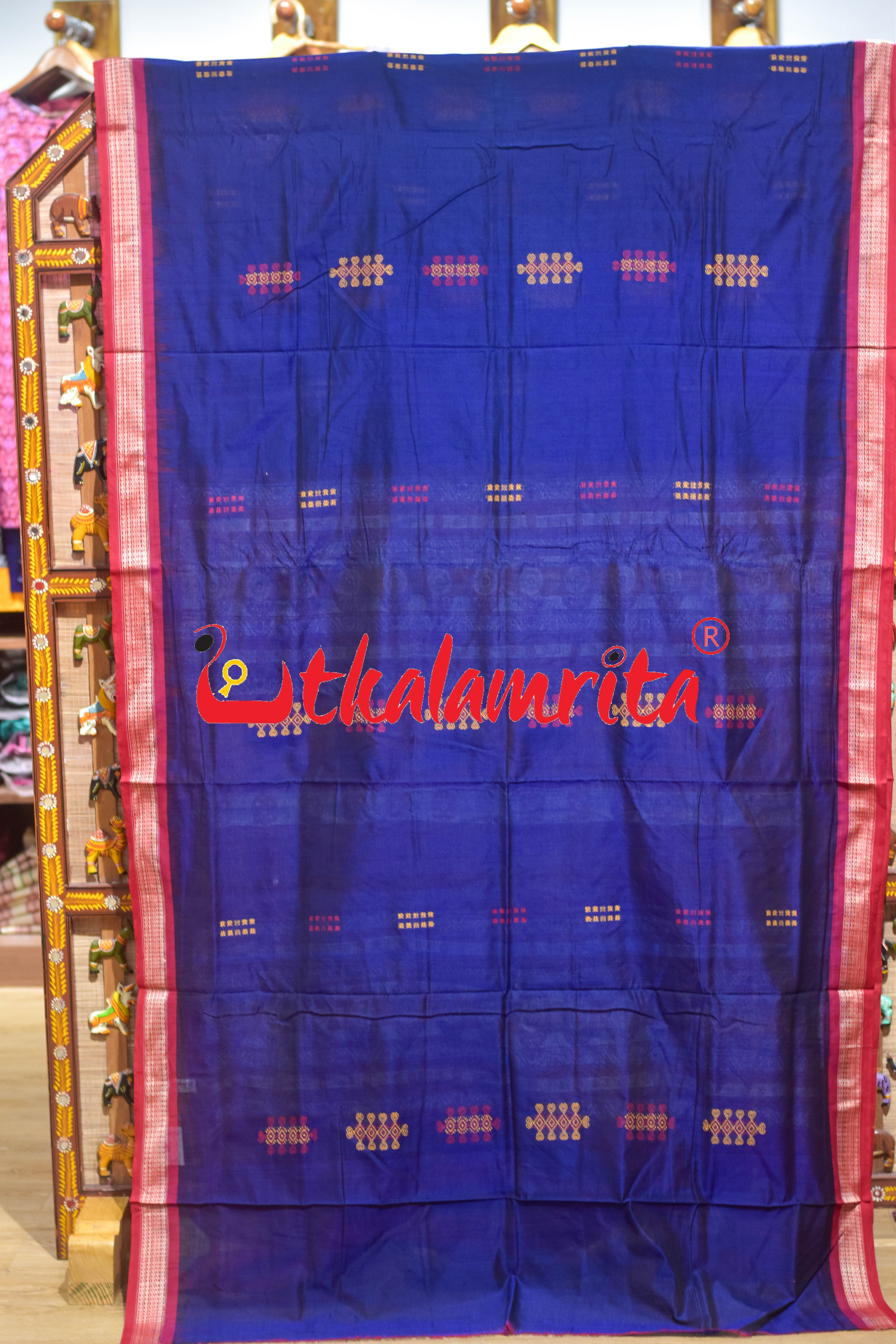 Blue Red Heart Bomkai Cotton Saree