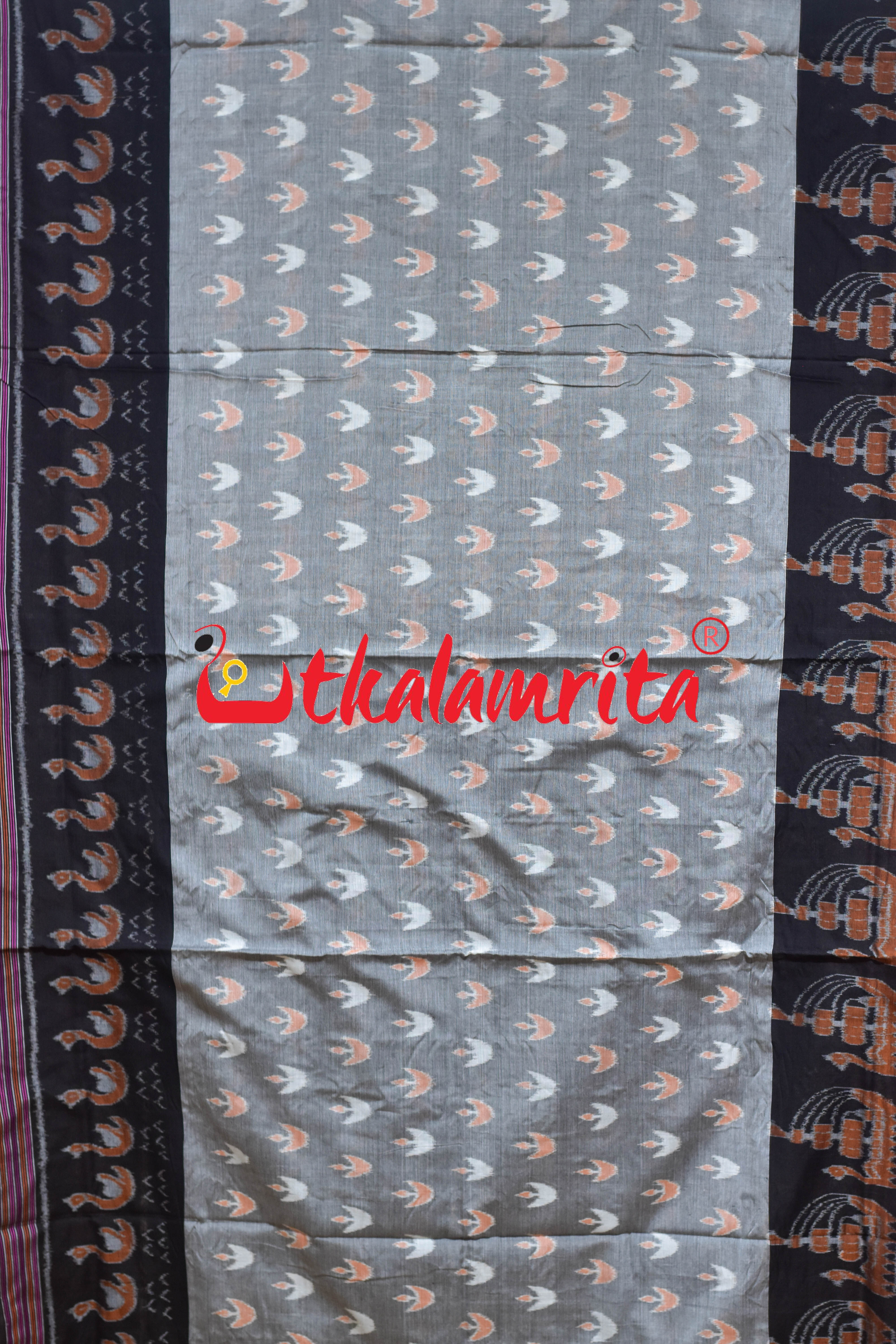 Grey Black Ducks & Boita Khandua Cotton Saree