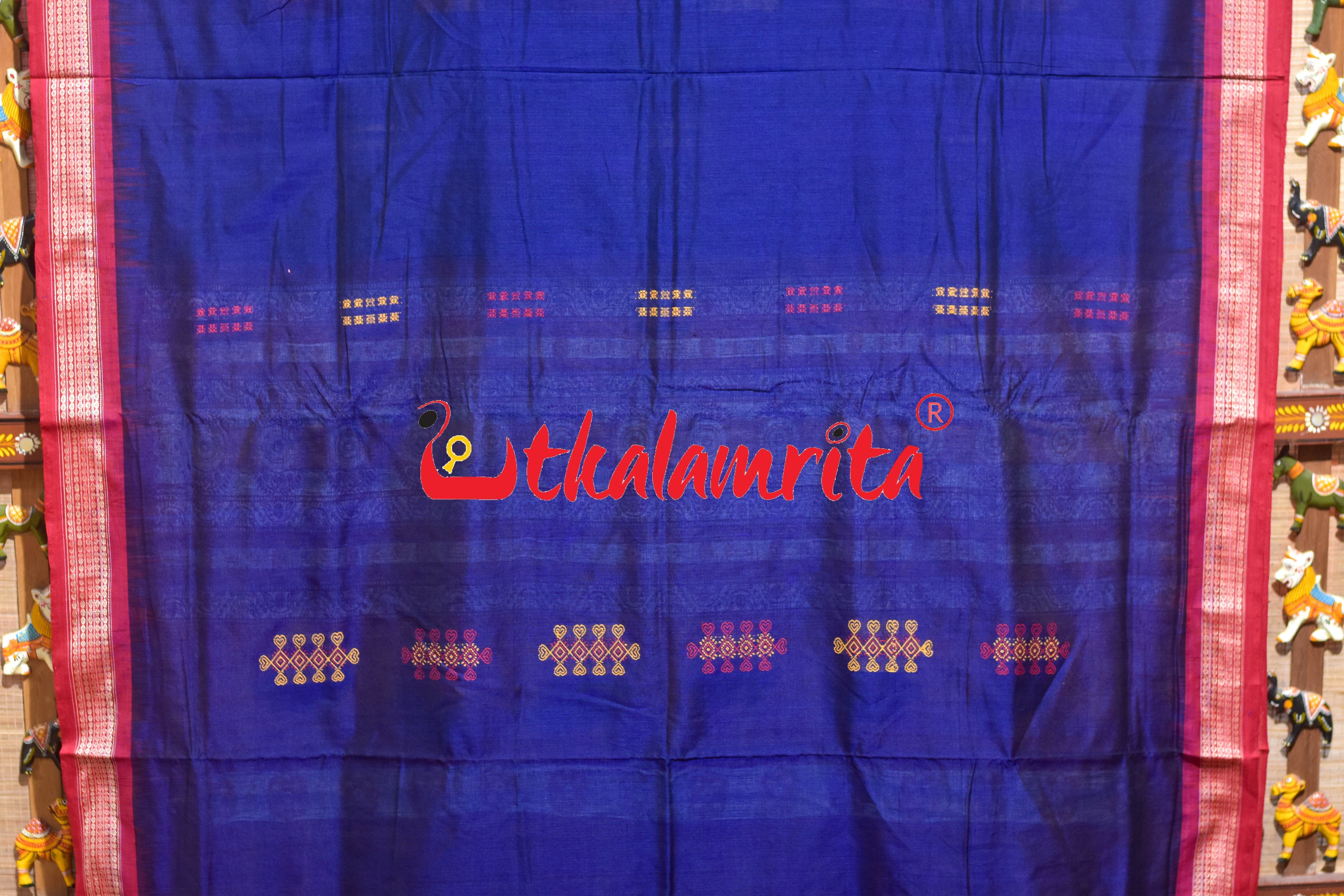 Blue Red Heart Bomkai Cotton Saree