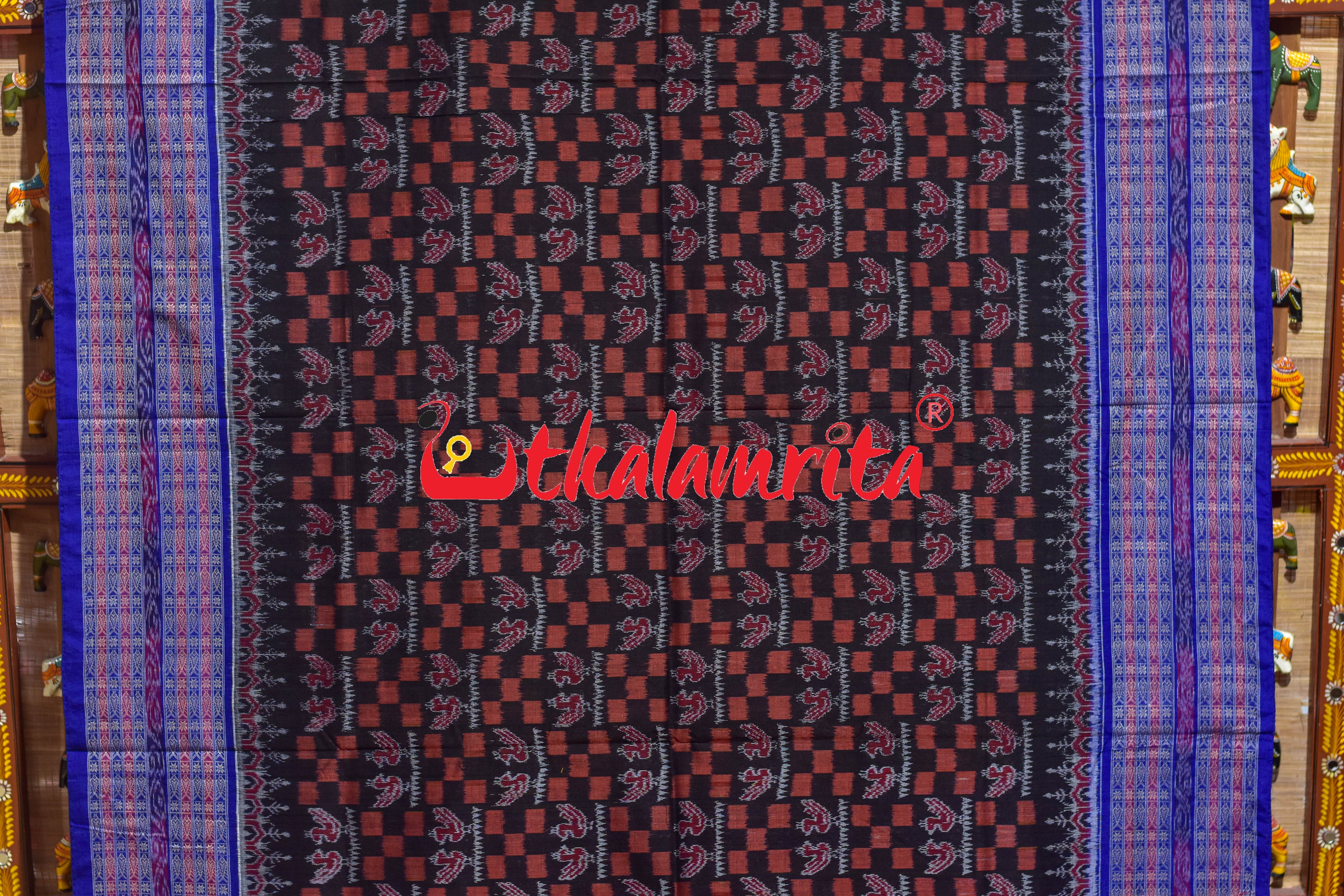 Black Rust Double Birds Sambalpuri Cotton Saree