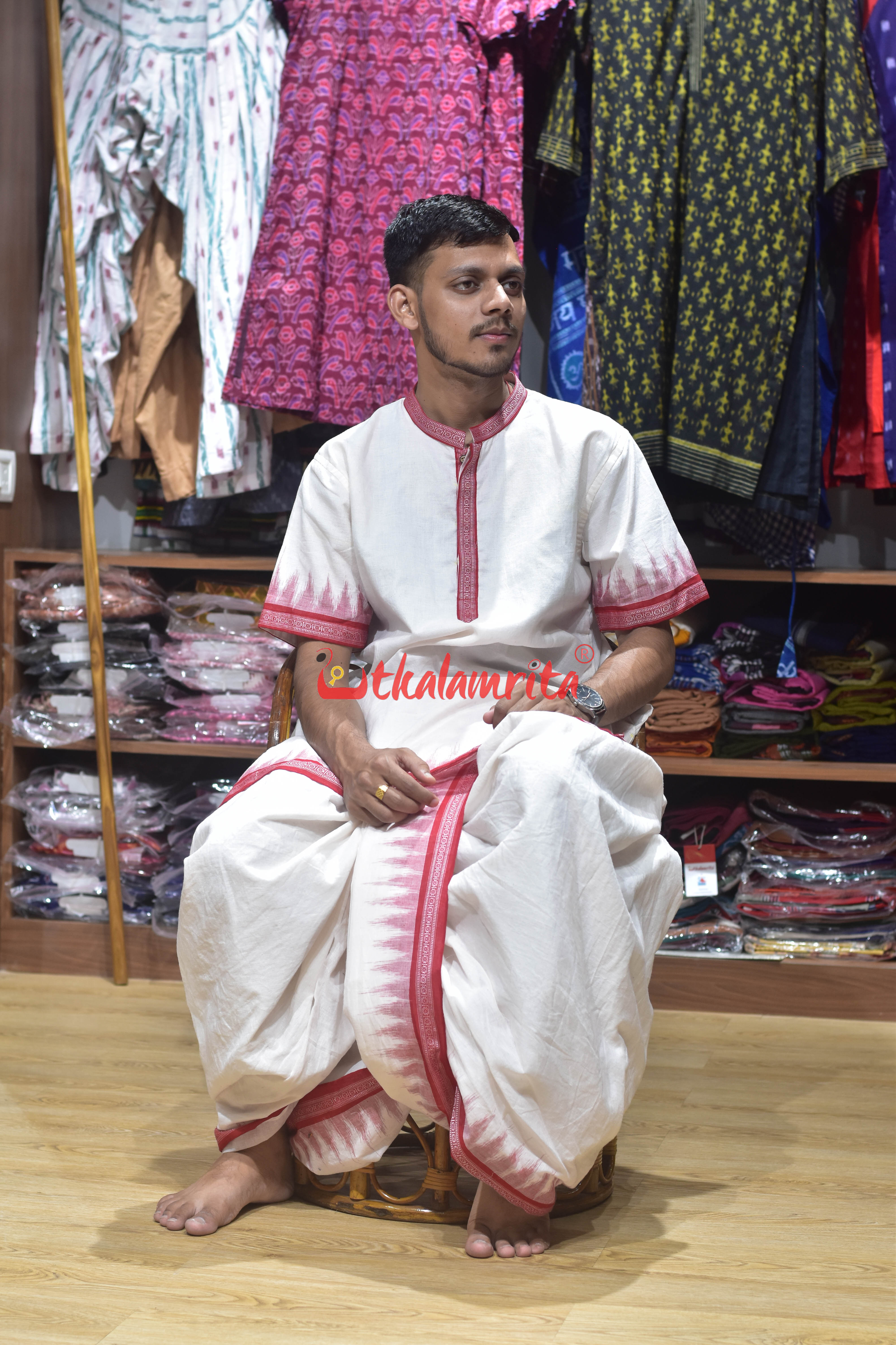 White Red (Men's Short Kurta)