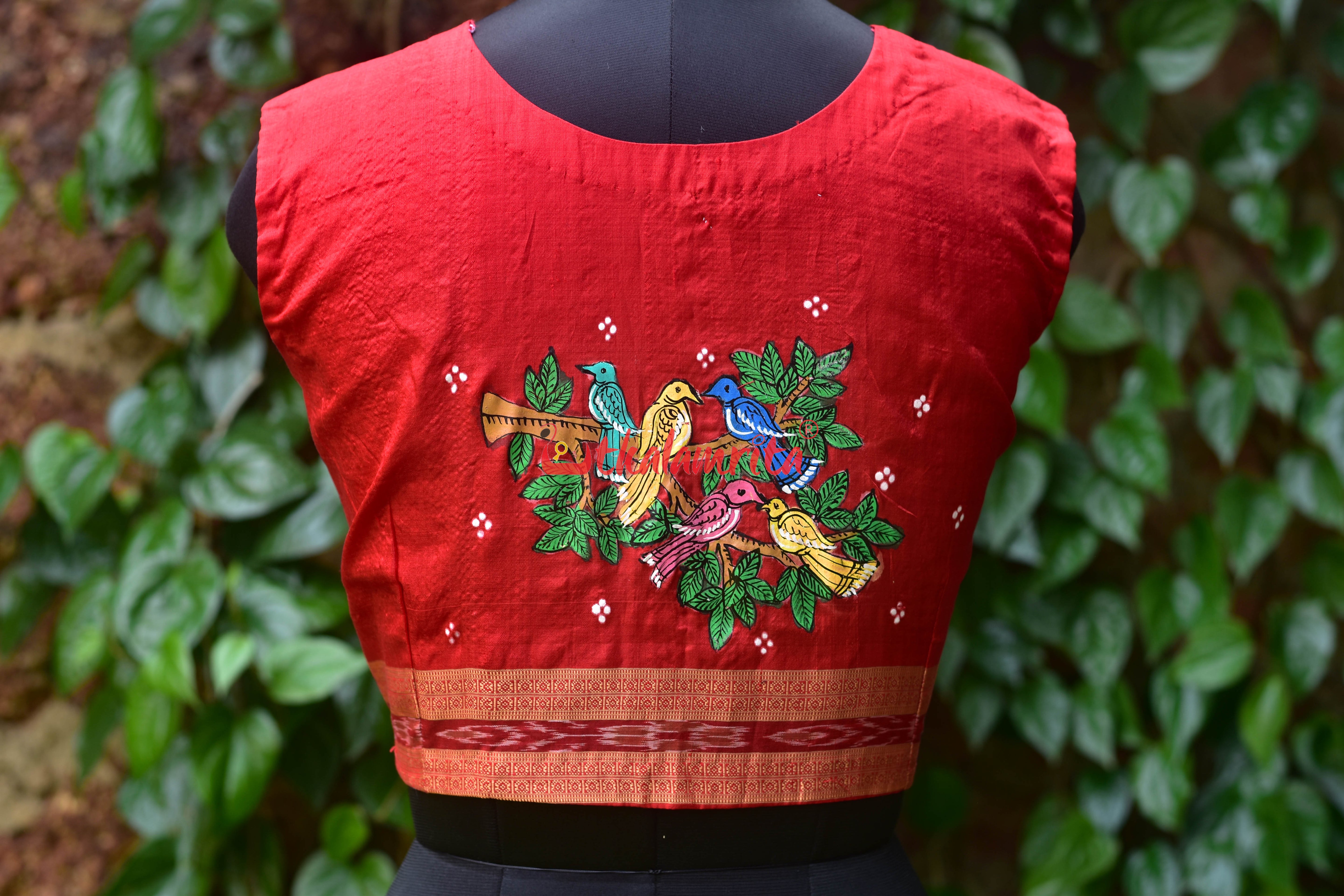 Red Fish Bandha Border Chadhei Silk (Blouse Piece)