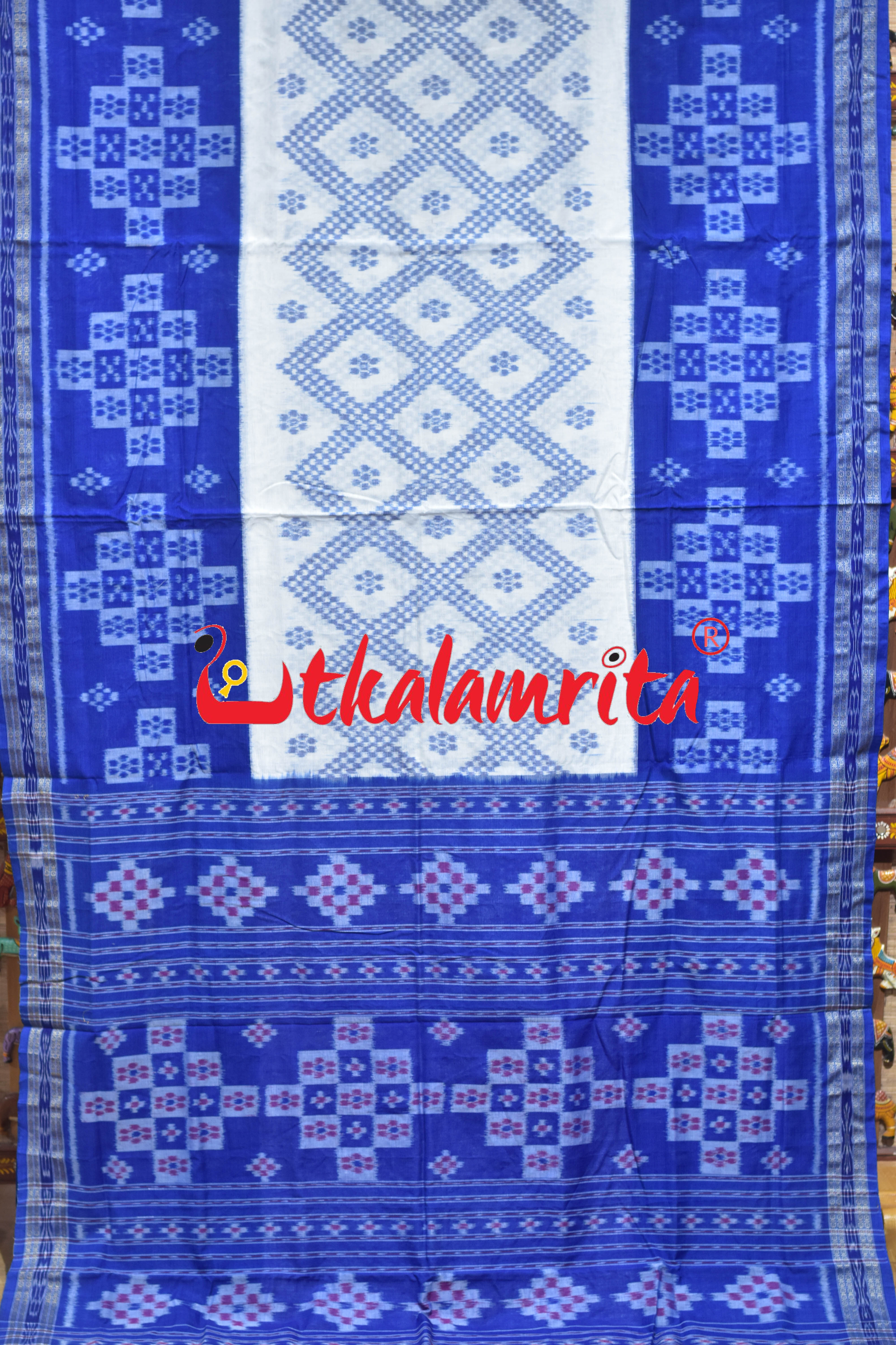 White Blue Tarabali Scot Khandua Cotton Saree