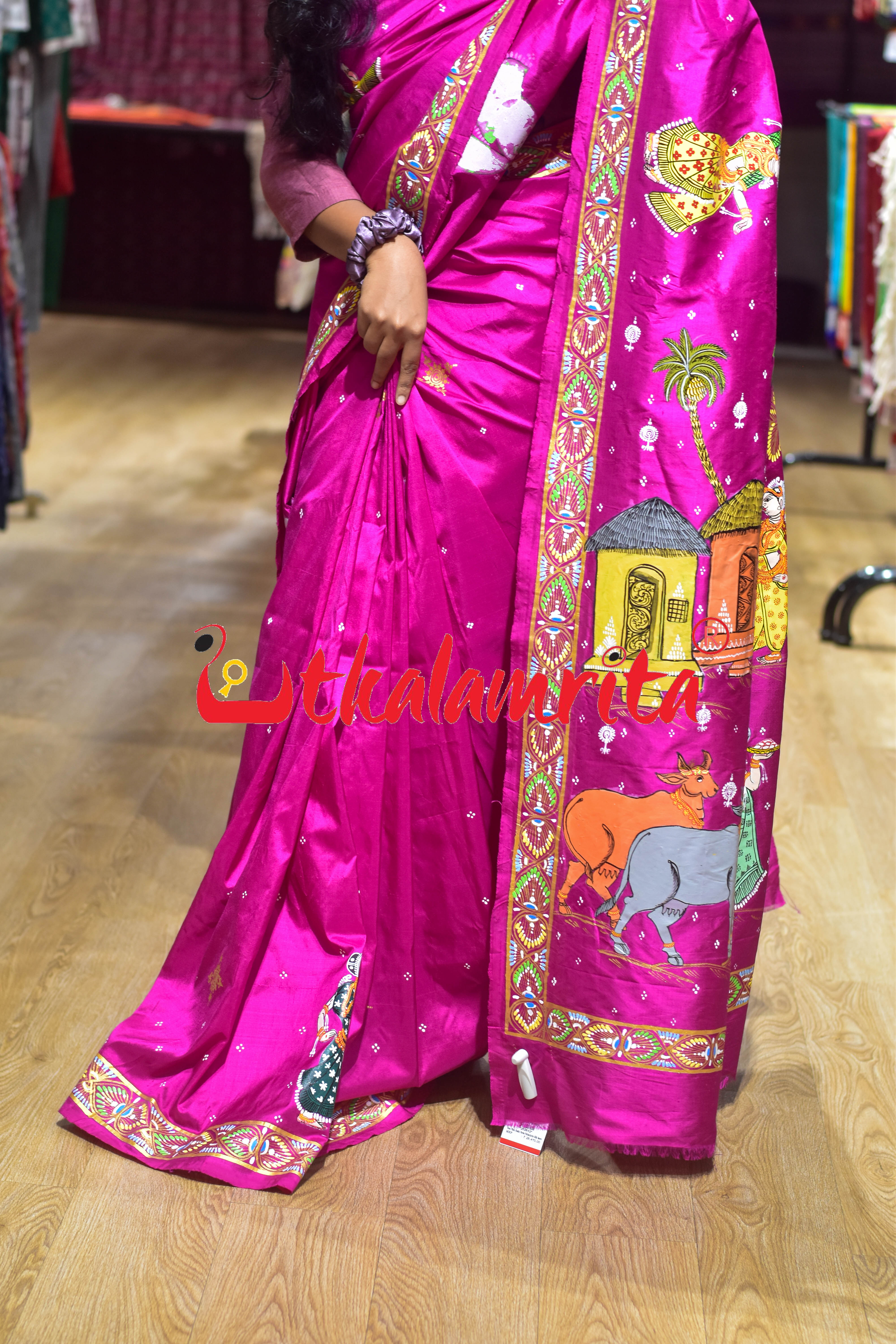 Rani Plain Rakhi Parba Pattachitra Silk Saree