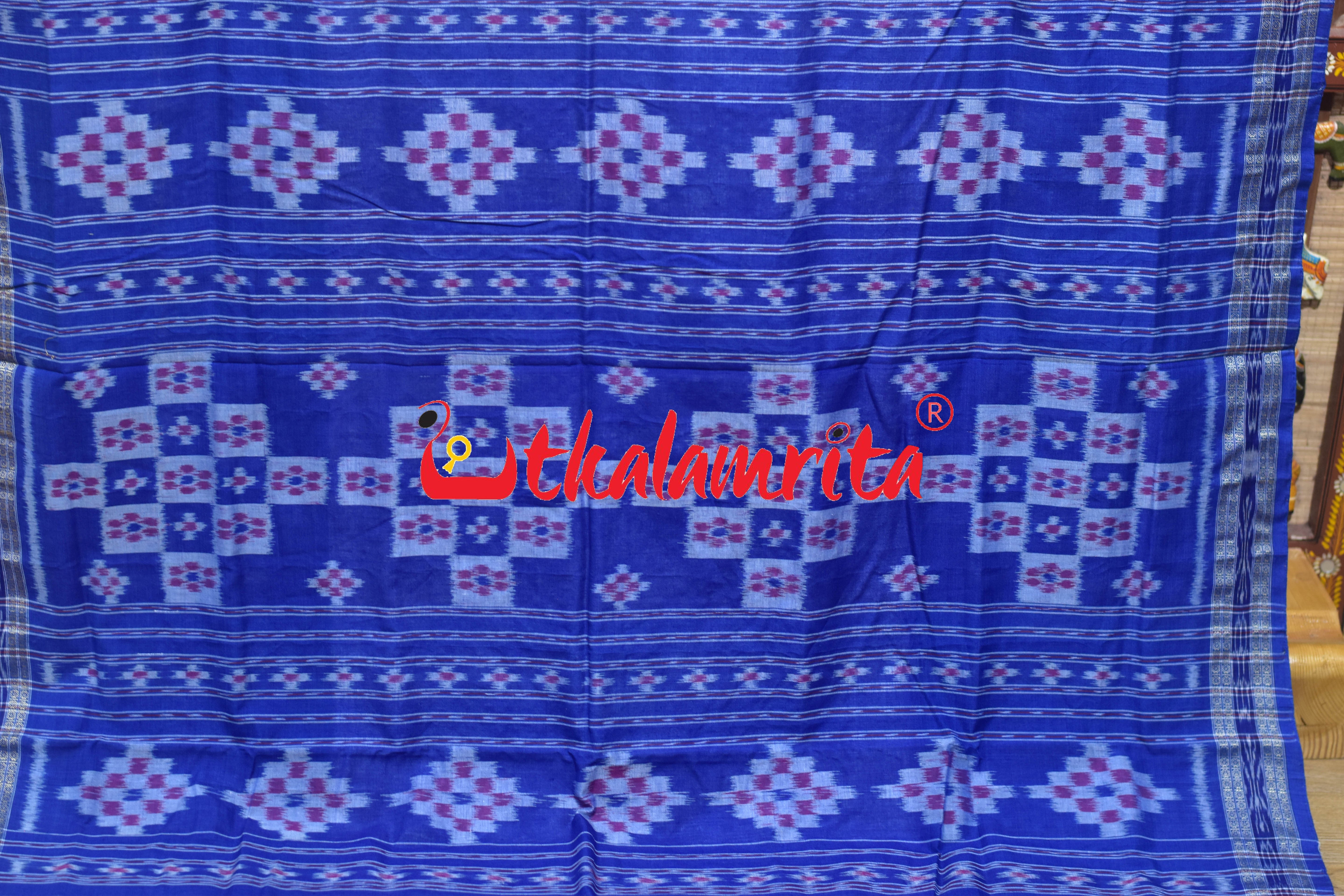 White Blue Tarabali Scot Khandua Cotton Saree